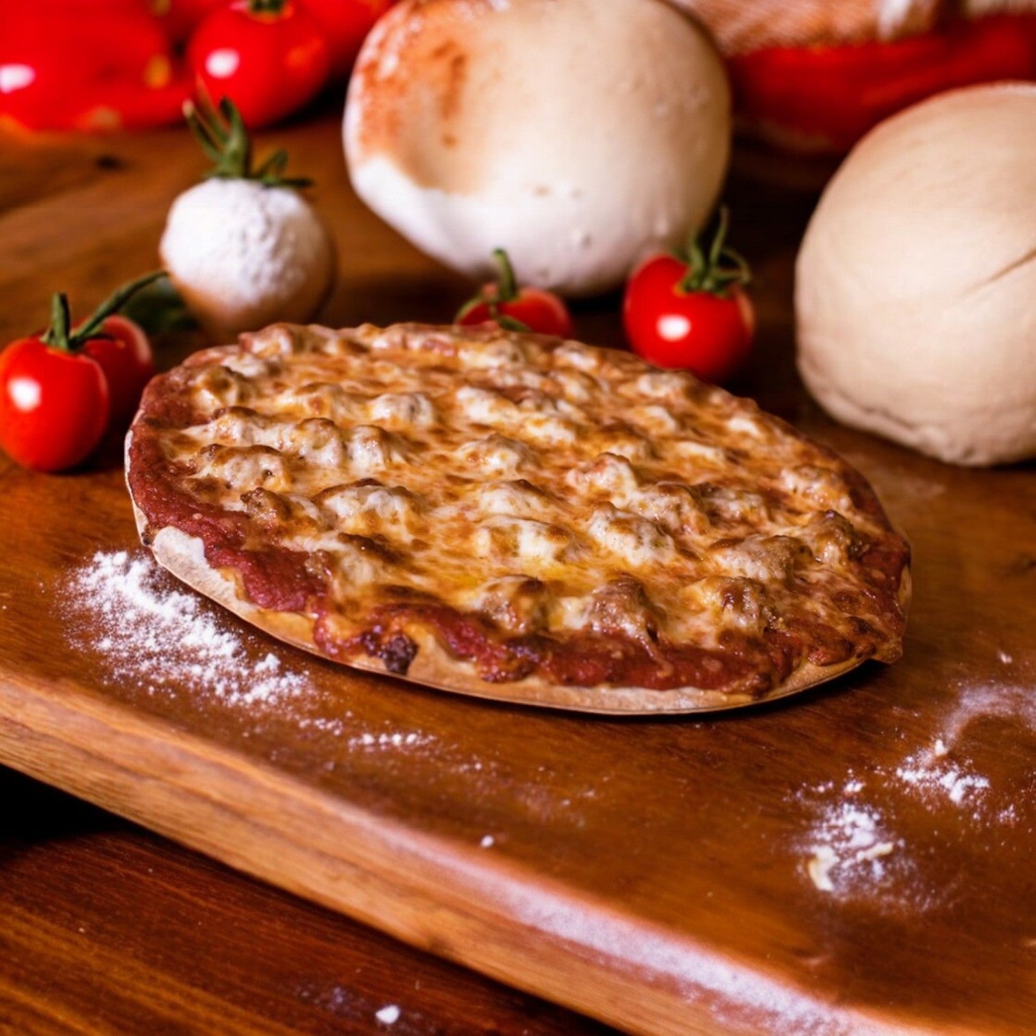 Bartolini's Sausage Thin Crust Pizza-1 Count by Bartolini's is served on a wooden board with pizza dough balls, cherry tomatoes, mushrooms, and scattered flour around it.