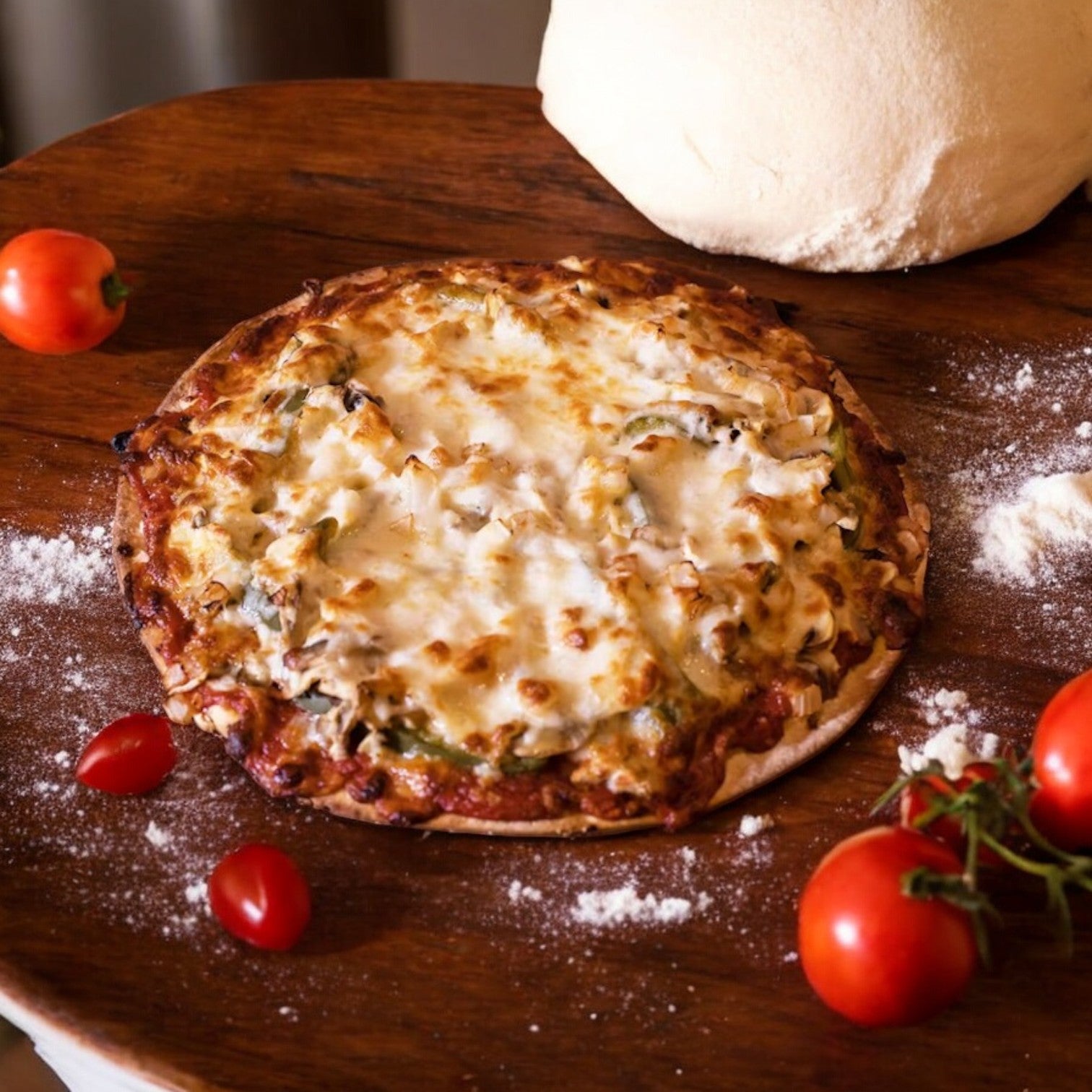 Bartolini's Pizza 3 Count Combo by Easy Lunches: A trio of pizzas topped with melted cheese and vegetables, artistically presented on a wooden surface with cherry tomatoes and dough.