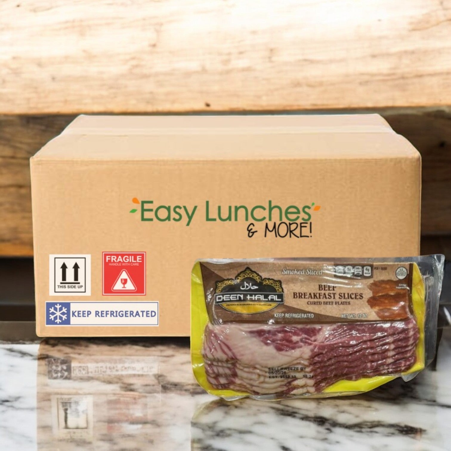 A Restaurant Depot cardboard box labeled "Easy Lunches & More!" sits behind a vacuum-sealed pack of Deen Halal Beef Breakfast Slices-12 oz, 1 Case, ideal for adding delicious halal-certified beef to your meals.