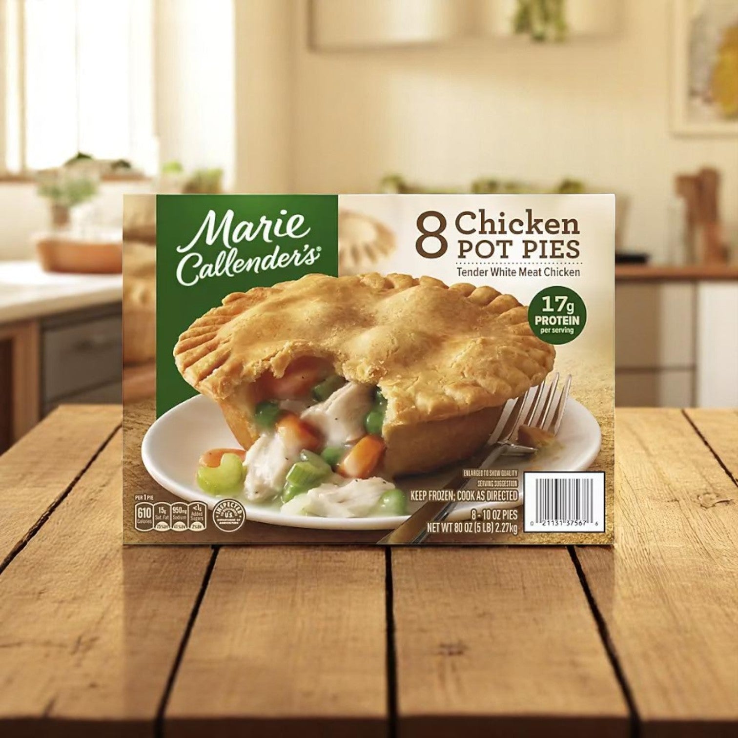 Marie Callender's Chicken Pot Pies, Frozen (8-pack), features pies filled with chicken, peas, and carrots. Each pot pie delivers 17g protein per serving and offers easy preparation for quick, hearty meals.