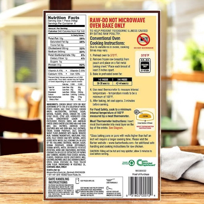 On the back of the Barber Foods Stuffed Cordon Bleu Chicken Breast box, you'll find nutrition facts and a warning: "Raw - Do Not Microwave, Oven Bake Only." Experience this gourmet meal by preheating your oven to 375°F. Perfectly crafted for your enjoyment.