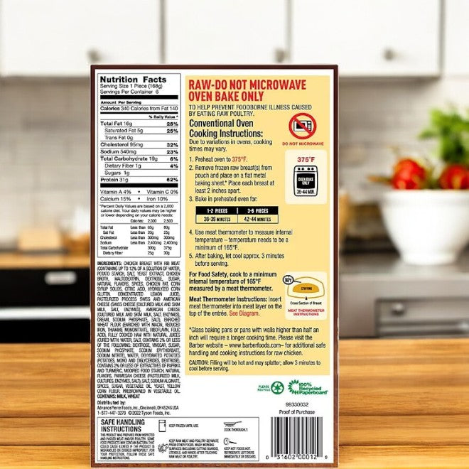 The back of the Sam's Club Barber Foods Cordon Bleu Stuffed Breaded Chicken Breasts package includes nutrition facts, oven cooking instructions, safety guidelines, and a no-microwave warning. These stuffed chicken breasts offer a convenient meal option on your kitchen counter with a blurred background.