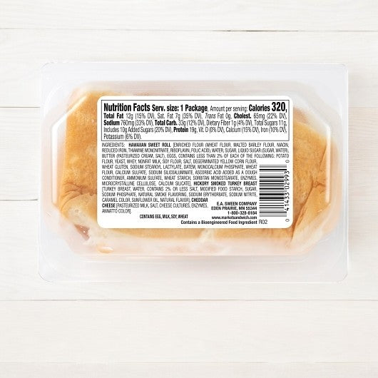 E.A. Sween's Smoked White Turkey and Cheddar Sliders feature smoked turkey on mini buns, with nutrition facts visible on the packaging. These sliders ship frozen and have a 30-day shelf life once removed from the freezer.