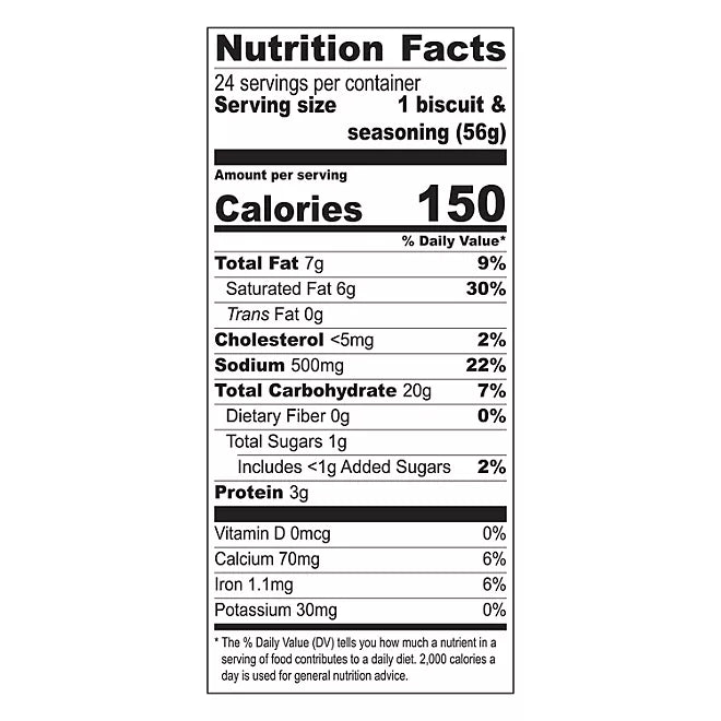 Nutrition facts for Red Lobster Cheddar Bay Biscuits, Frozen 24 ct - 1 Case: Serving size is 1 biscuit (56g) with 150 calories, 7g total fat, no trans fat, 500mg sodium, 20g carbs, 1g sugars, and 3g protein. Enjoy the savory cheddar cheese flavor akin to Red Lobster's iconic Cheddar Bay Biscuits.