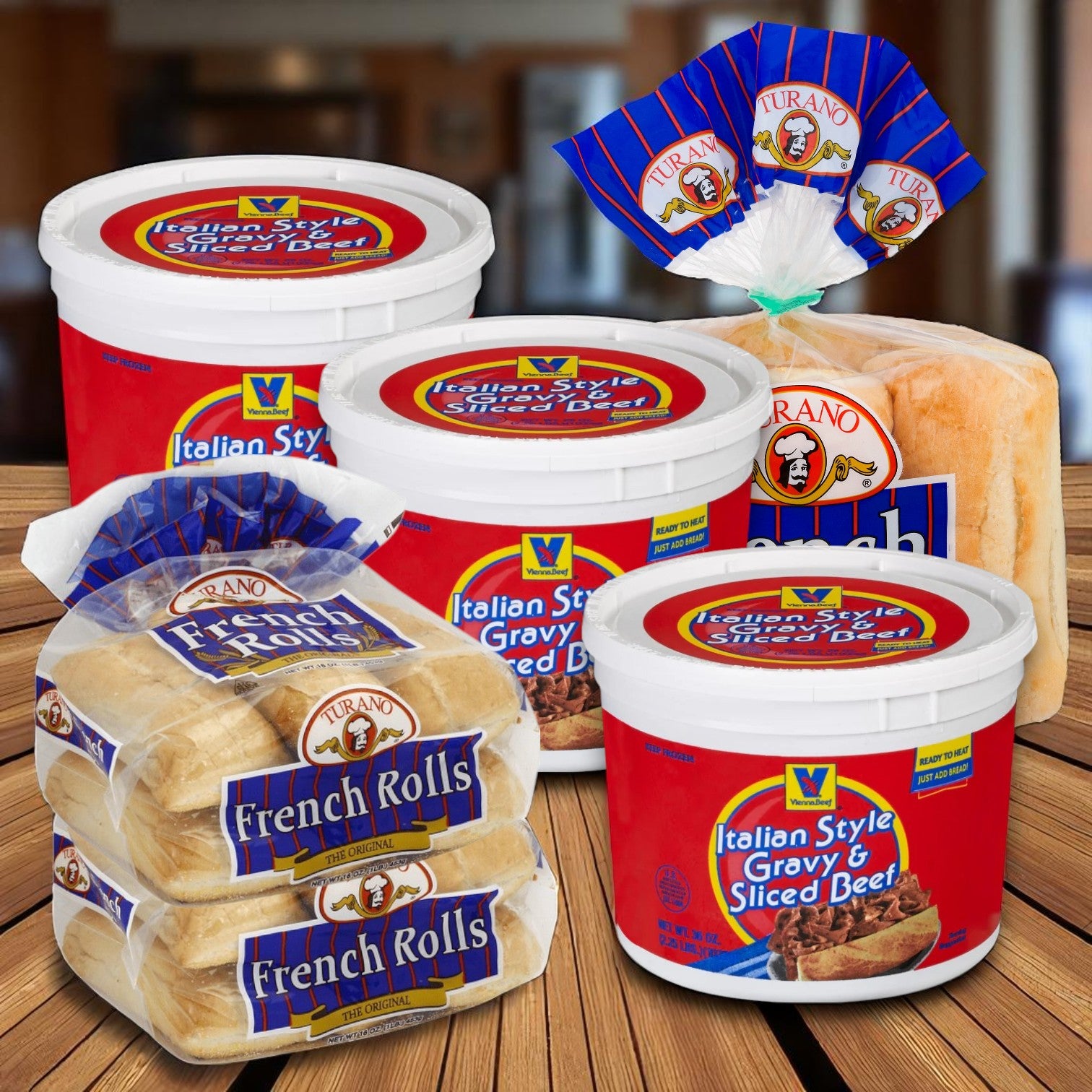 Vienna Beef® Italian Style Gravy & Sliced Beef (3 x 36 oz) and Turano® French Rolls (3 x 16 oz) are displayed, creating the Authentic Chicago Sandwich Kit—perfect for crafting classic sandwiches at home.