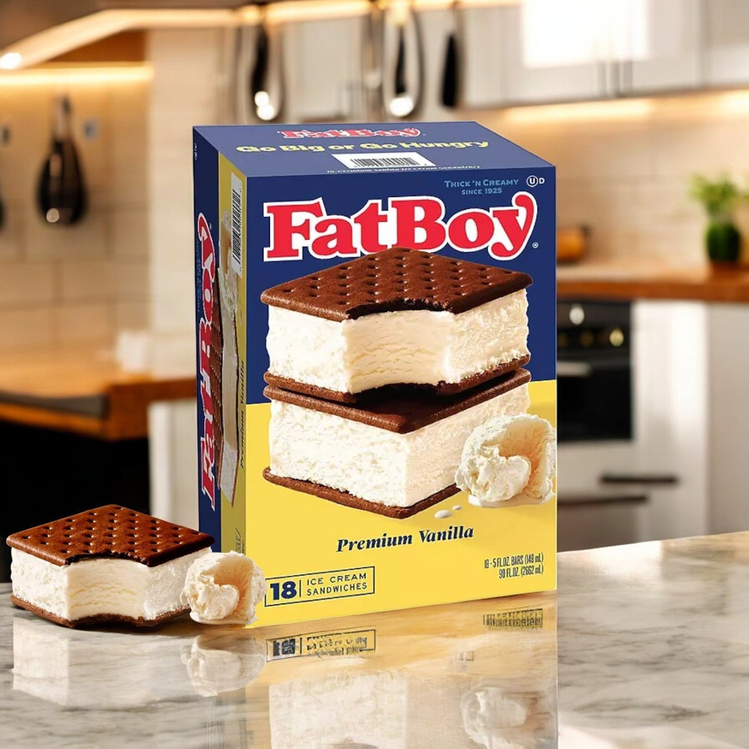 FatBoy Premium Vanilla Ice Cream Sandwiches, Frozen – 18 Count