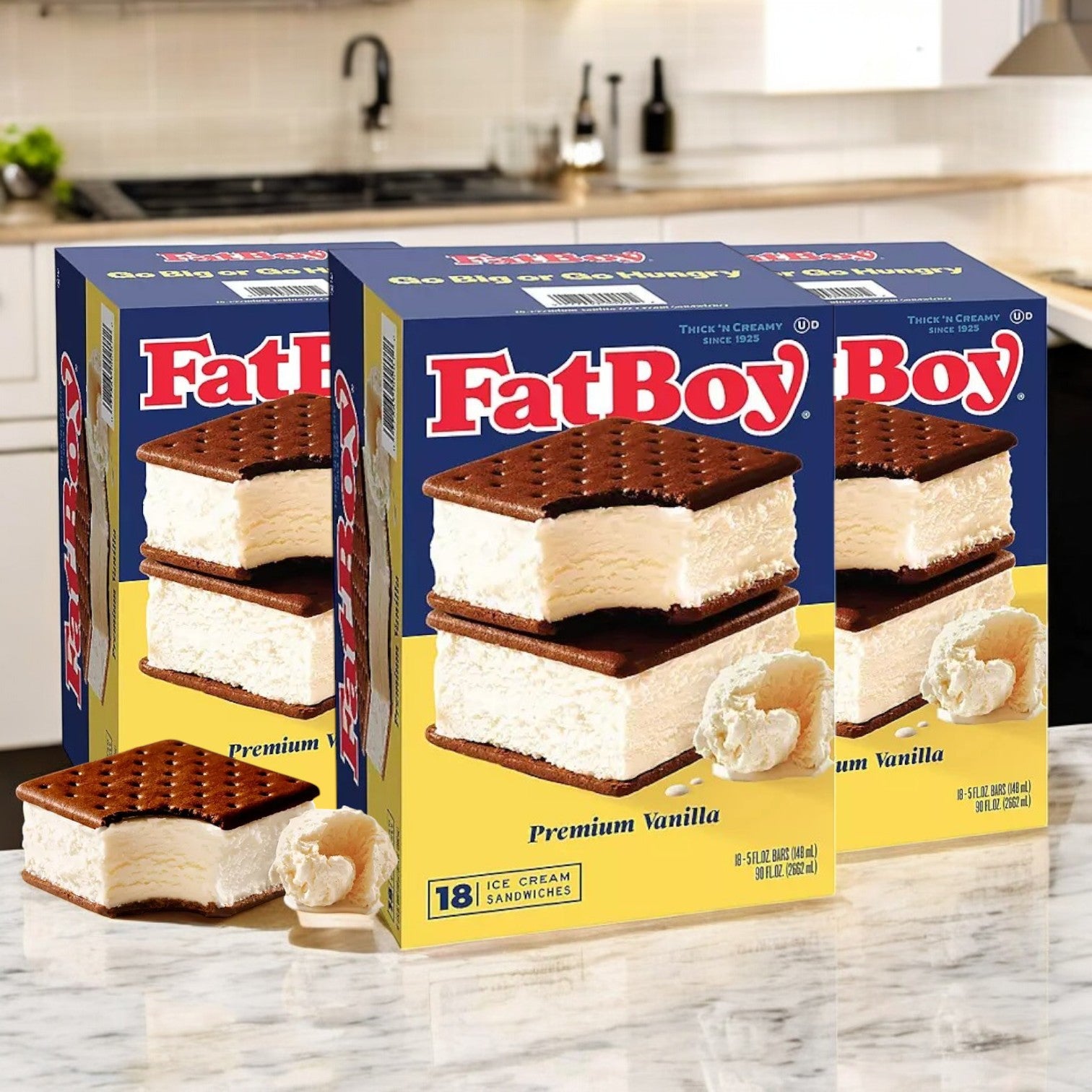 FatBoy Premium Vanilla Ice Cream Sandwich, Frozen – 3 Boxes (54 Total Sandwiches)
