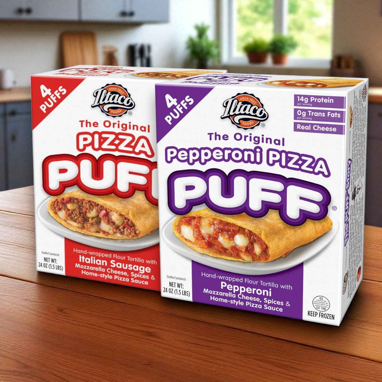 Two boxes of Iltaco Foods Pizza Puff Variety Pack, Original Sausage & Pepperoni (2 x 24 oz), displayed on a wooden counter in a kitchen setting.