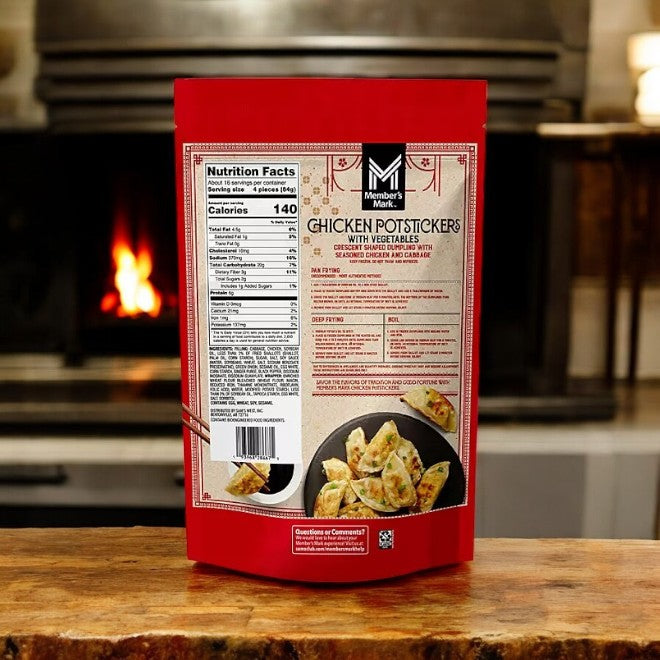 A 48 oz red bag of Member's Mark Chicken Potstickers with Vegetables sits on a wooden counter, showing nutrition facts and product details.