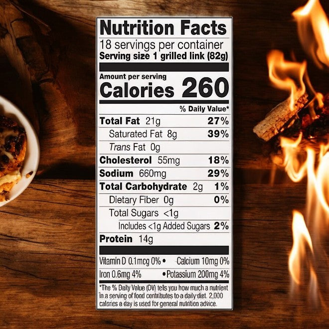 Nutrition facts for one Johnsonville Brats Original Pork Bratwurst Link: 260 calories, 21g fat, 55mg cholesterol, 660mg sodium, 2g carbs, and 14g protein. Includes a partial view of a fire and nearby grilling Johnsonville links.