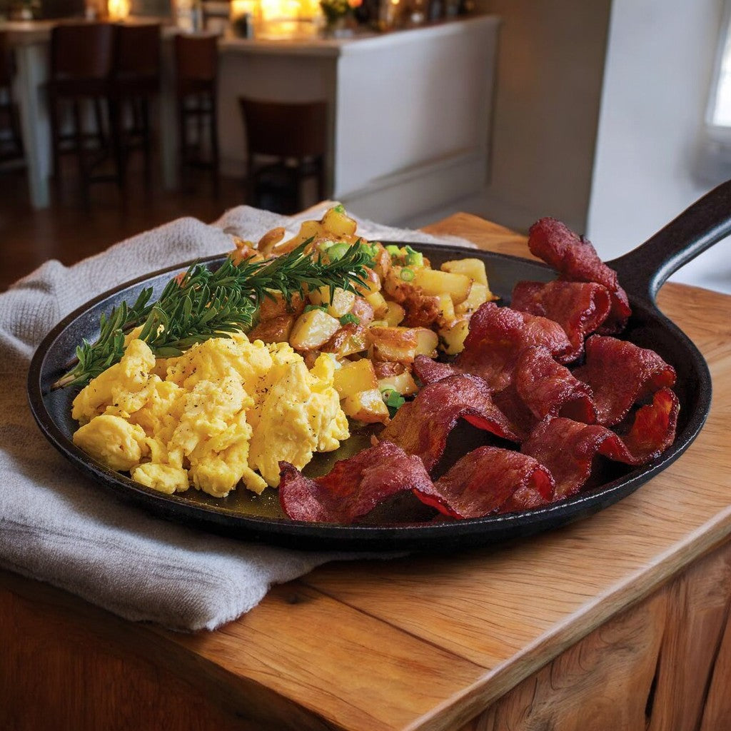 A cast iron skillet with scrambled eggs, crispy bacon, diced herb potatoes, and rosemary sits on a wooden surface—perfectly paired with Godshall's Uncured Fully-Cooked Turkey (40 oz) for a heartier breakfast.