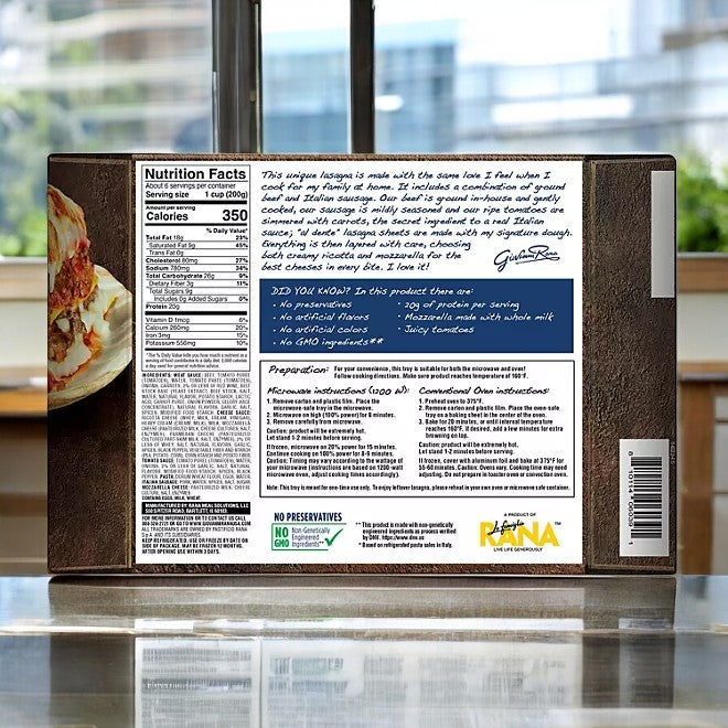 The back of the Giovanni Rana Beef and Sausage Lasagna 40 oz- 3 Boxes features nutrition facts, ingredients, and a brief description. An image of this Italian classic with homemade taste graces the upper left corner, tempting you to indulge in its savory goodness.