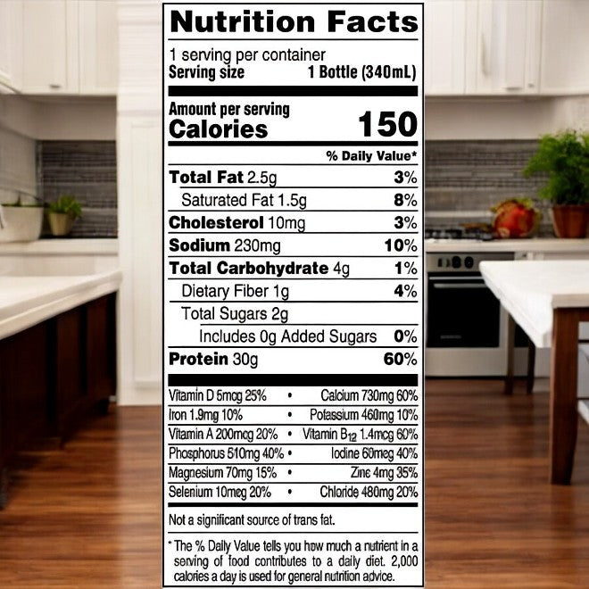 Close-up of a nutrition facts label for Fairlife Nutrition Plan Chocolate, indicating 150 calories and detailing fat, cholesterol, sodium, carbohydrates, and protein content. The kitchen setting in the background complements the high-protein FairLife beverage.