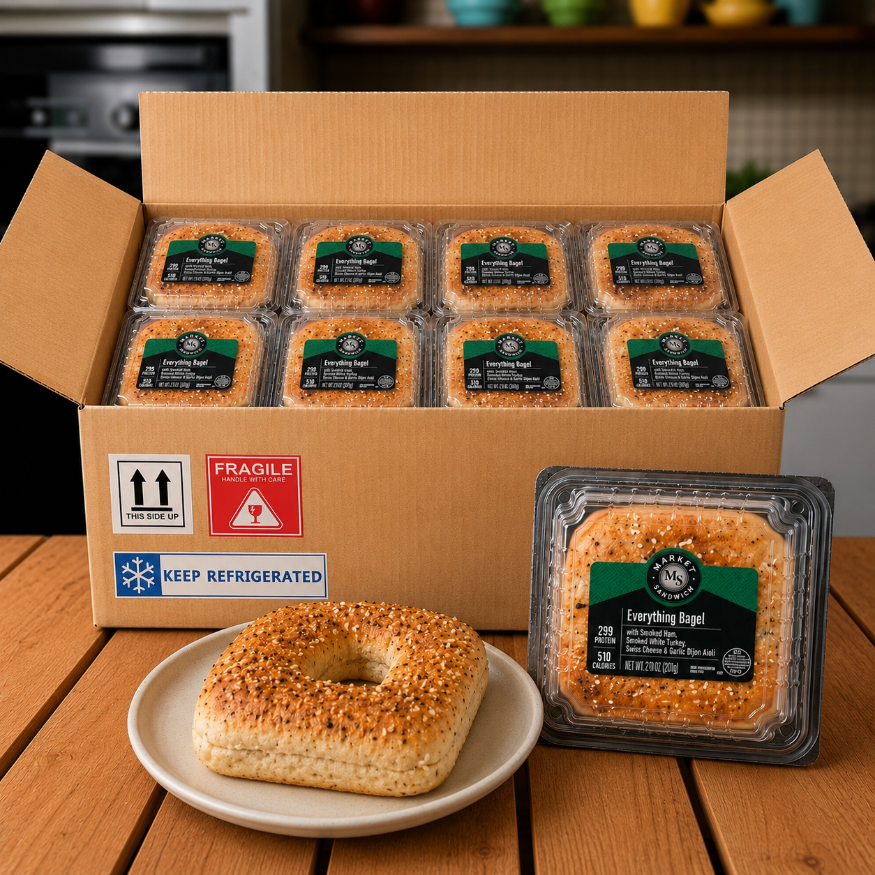 Market Sandwich Everything Bagel with Ham, Turkey, Swiss & Garlic Dijon Aioli – 8 Count Case (7.1 oz each) Please allow 1–2 extra business days for delivery on this item.