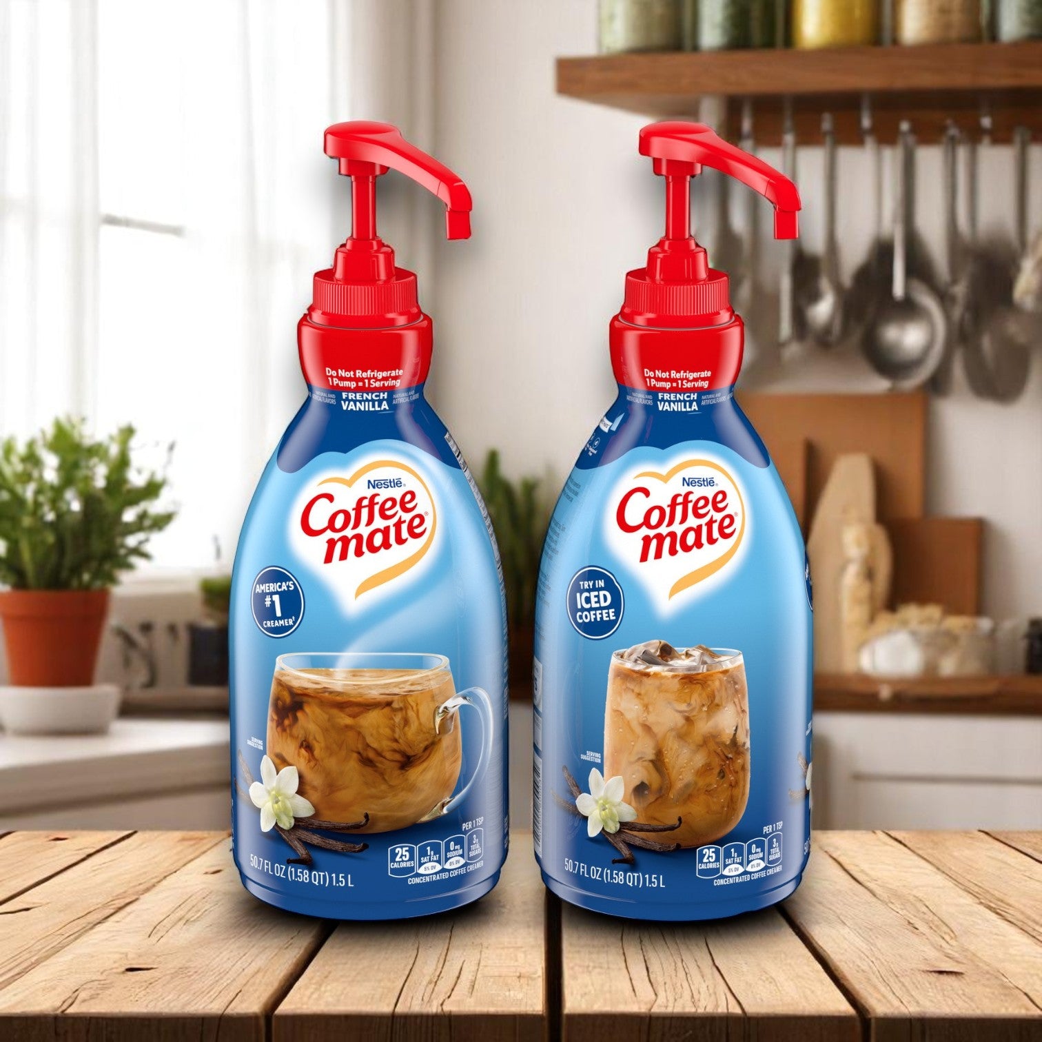 Two Easy Lunches Coffee Mate French Vanilla Liquid Creamer pump bottles (1.5L each) rest on a wooden surface in a cozy kitchen setting.