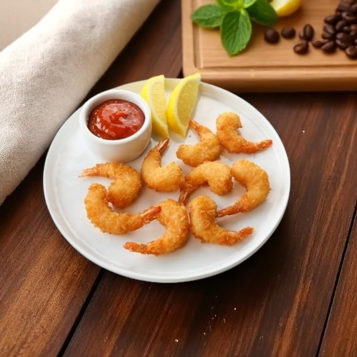 Mrs. Friday’s® Breaded Round Shrimp – 21/25 Count, served with lemon wedges and red dipping sauce, makes for tasty seafood appetizers on a wooden table.