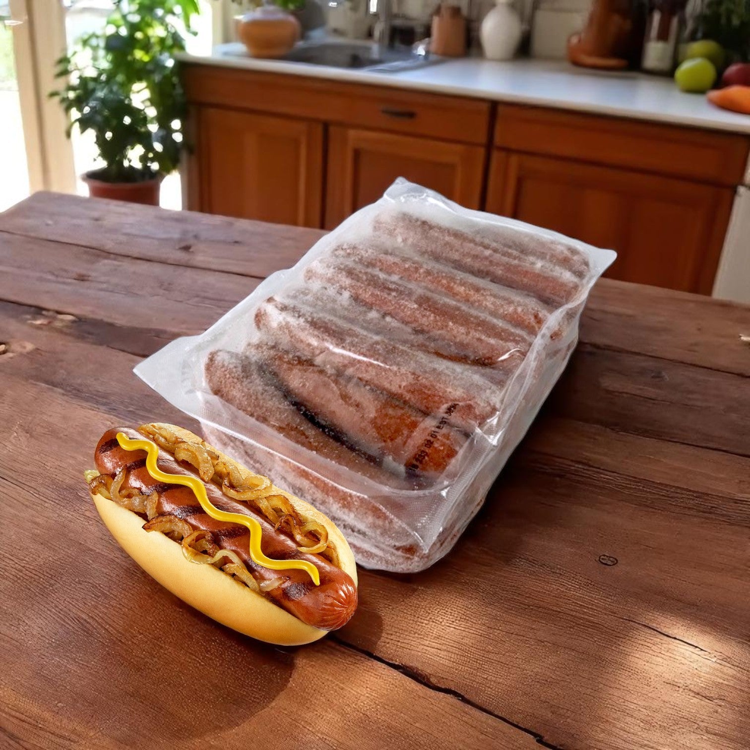 Easy Lunches Eisenberg Polish All-Beef Sausage – 5 Per Pound, 10 lb Case is shown vacuum-sealed on a wooden table, with a hot dog topped with grilled onions, mustard, and ketchup in front for classic Polish-style flavor.