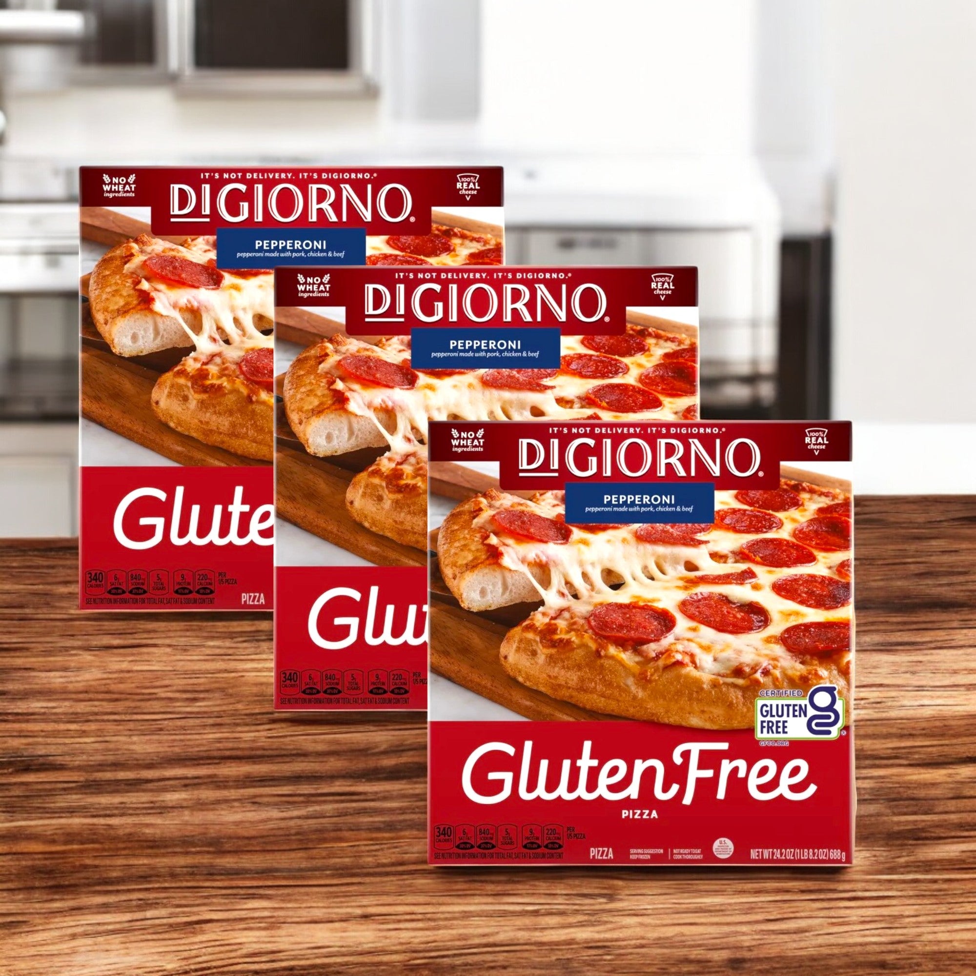 Three boxes of DiGiorno Gluten Free Frozen Pepperoni Pizza, 24.2 oz each (3 count), are displayed on a wooden surface, highlighting their delicious gluten-free crust and quality ingredients.
