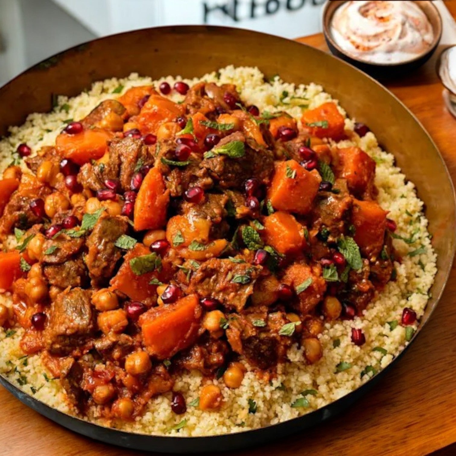 A generous couscous dish topped with a stew of Thomas Farms Halal Bone-In Lamb Cubes (2” x 2”, 15 lbs), chickpeas, carrots, pomegranate seeds, and herbs, served with yogurt sauce on the side.