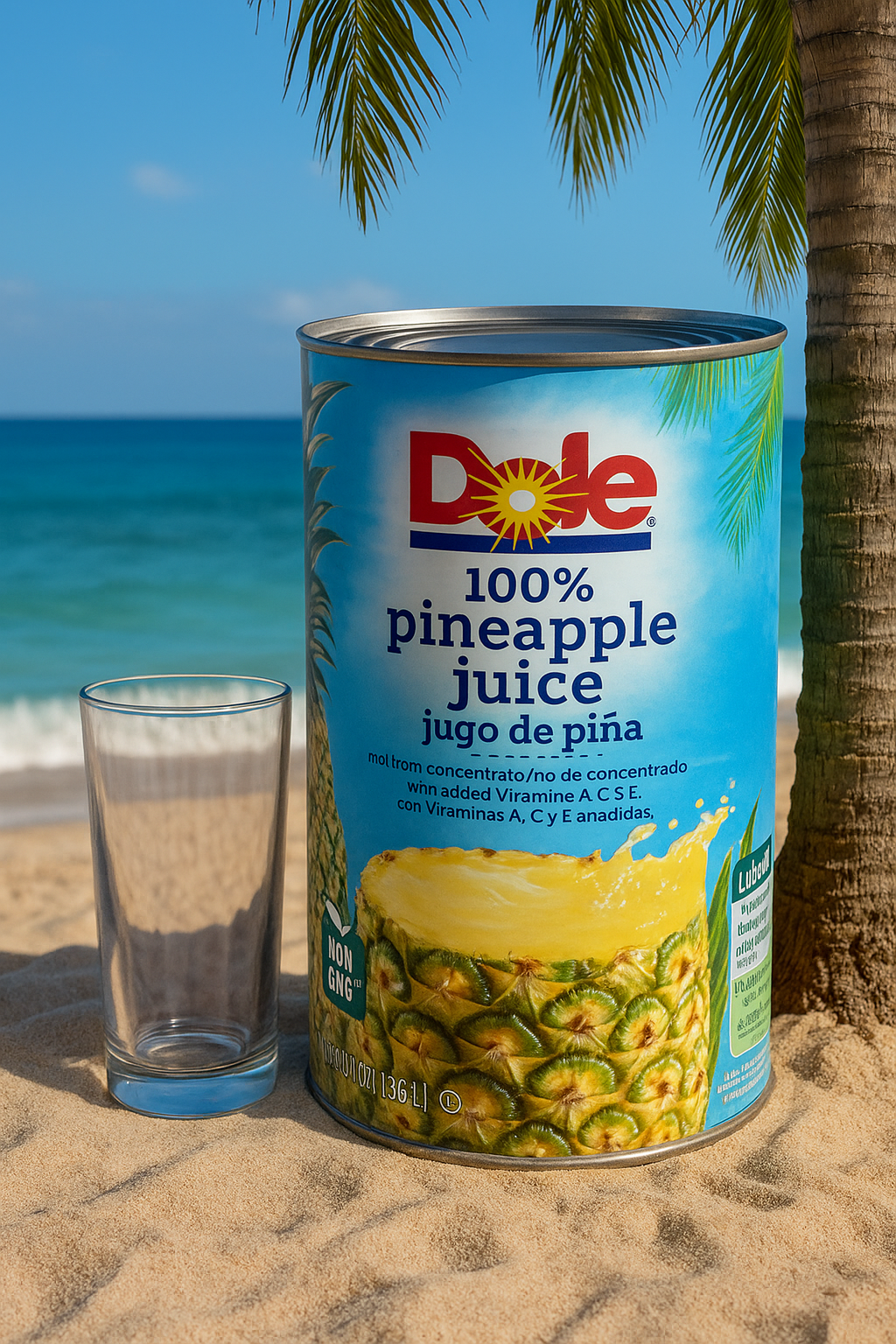 A 46 fl oz can of Dole 100% Pineapple Juice and an empty glass rest on sandy beach with the ocean and palm trees in the background—a refreshing, vitamin C-rich drink by Dole.
