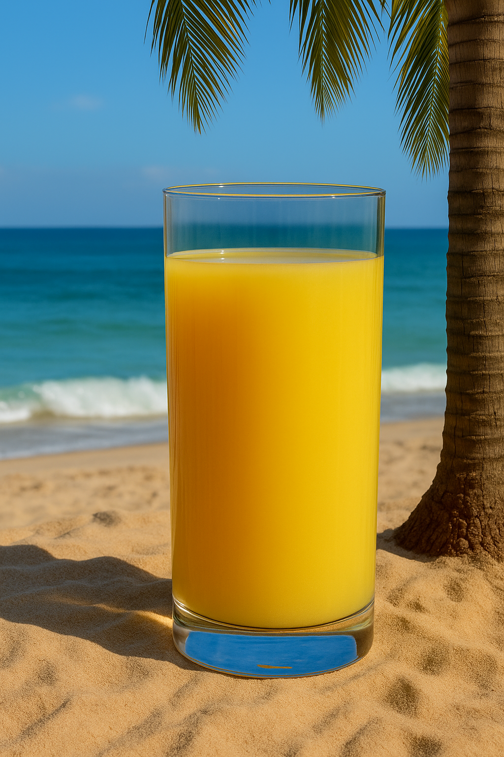 A can of Dole 100% Pineapple Juice sits on a sandy beach near a palm tree, with the ocean and blue sky in the background.