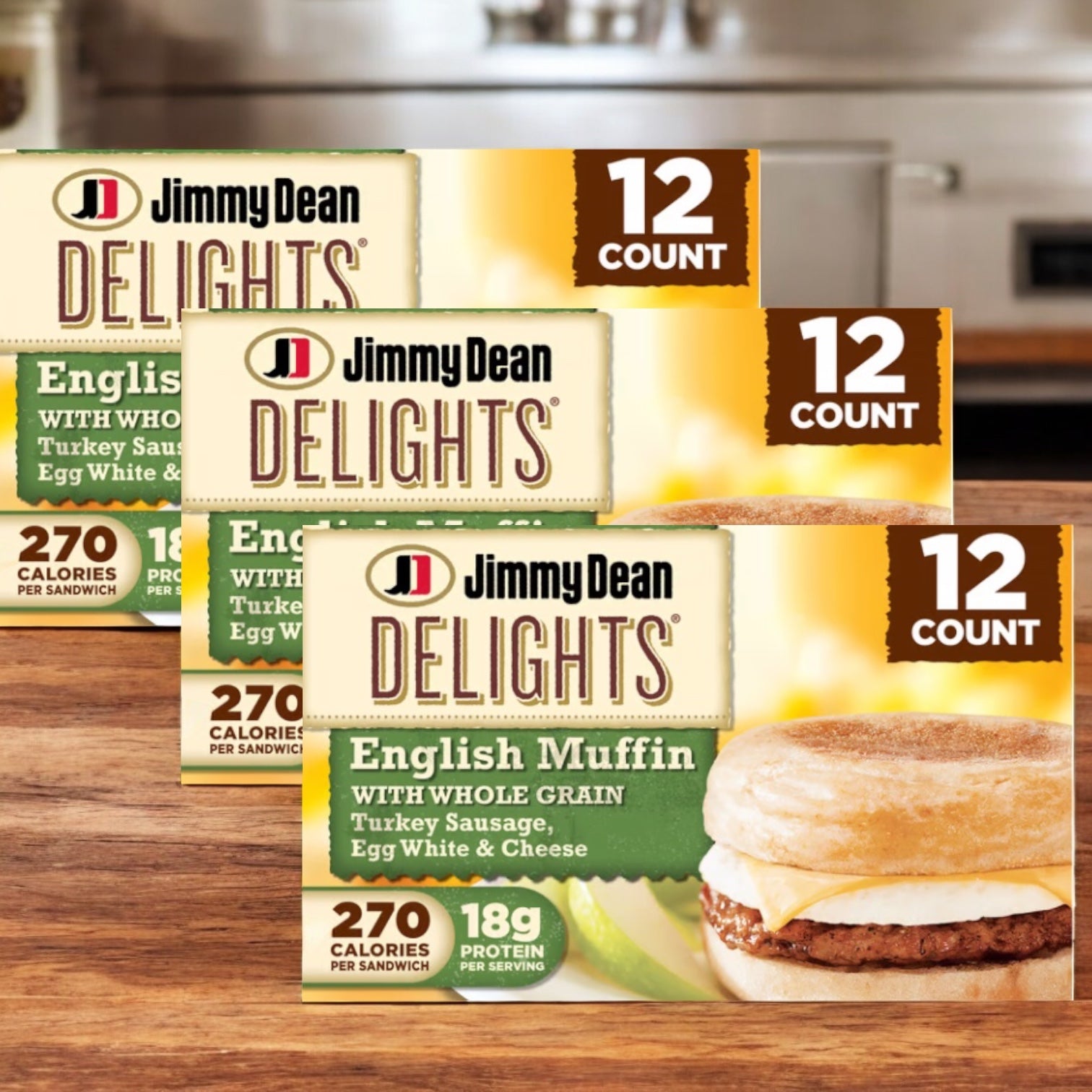 Three boxes of Jimmy Dean Delights English Muffin 12 Pack (3 count each) are shown on a kitchen counter, emphasizing this nutritious Jimmy Dean breakfast as a convenient and delicious option.