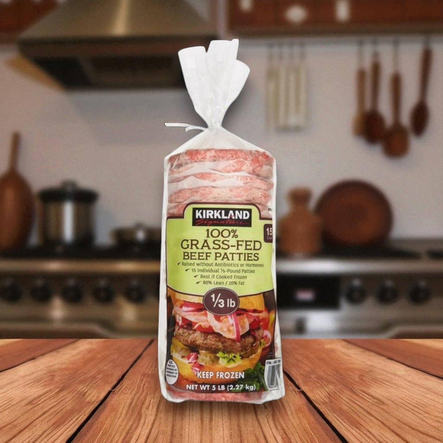Kirkland Signature Grass‑Fed Beef Patties – 1/3 lb (15‑Count)
