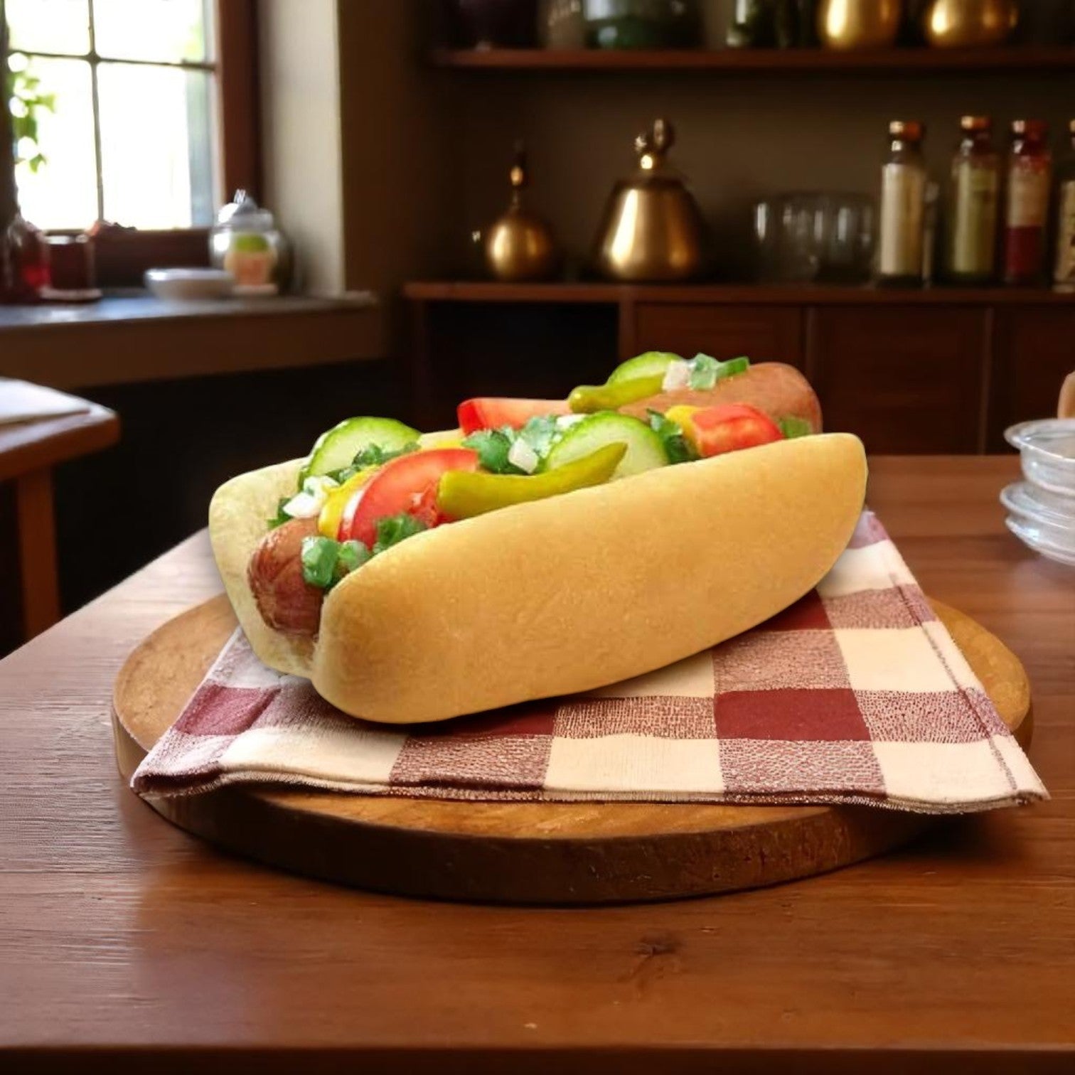 A Vienna Beef All Natural Uncured Skinless Beef Frank 6” 8:1 is topped with sliced pickles, tomatoes, and onions, served on a checkered napkin over a wooden board in a kitchen.