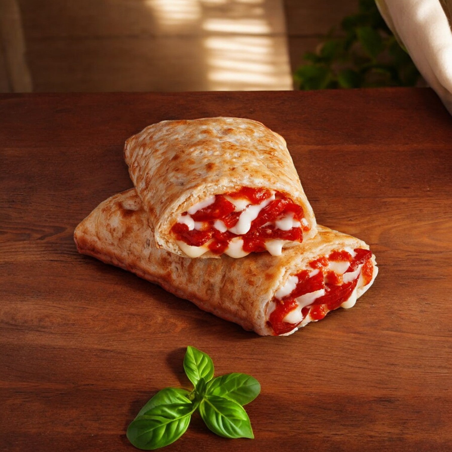 Two halves of a Hot Pockets stuffed bread roll, filled with melted cheese and tomato sauce, placed on a wooden surface next to a sprig of fresh basil.