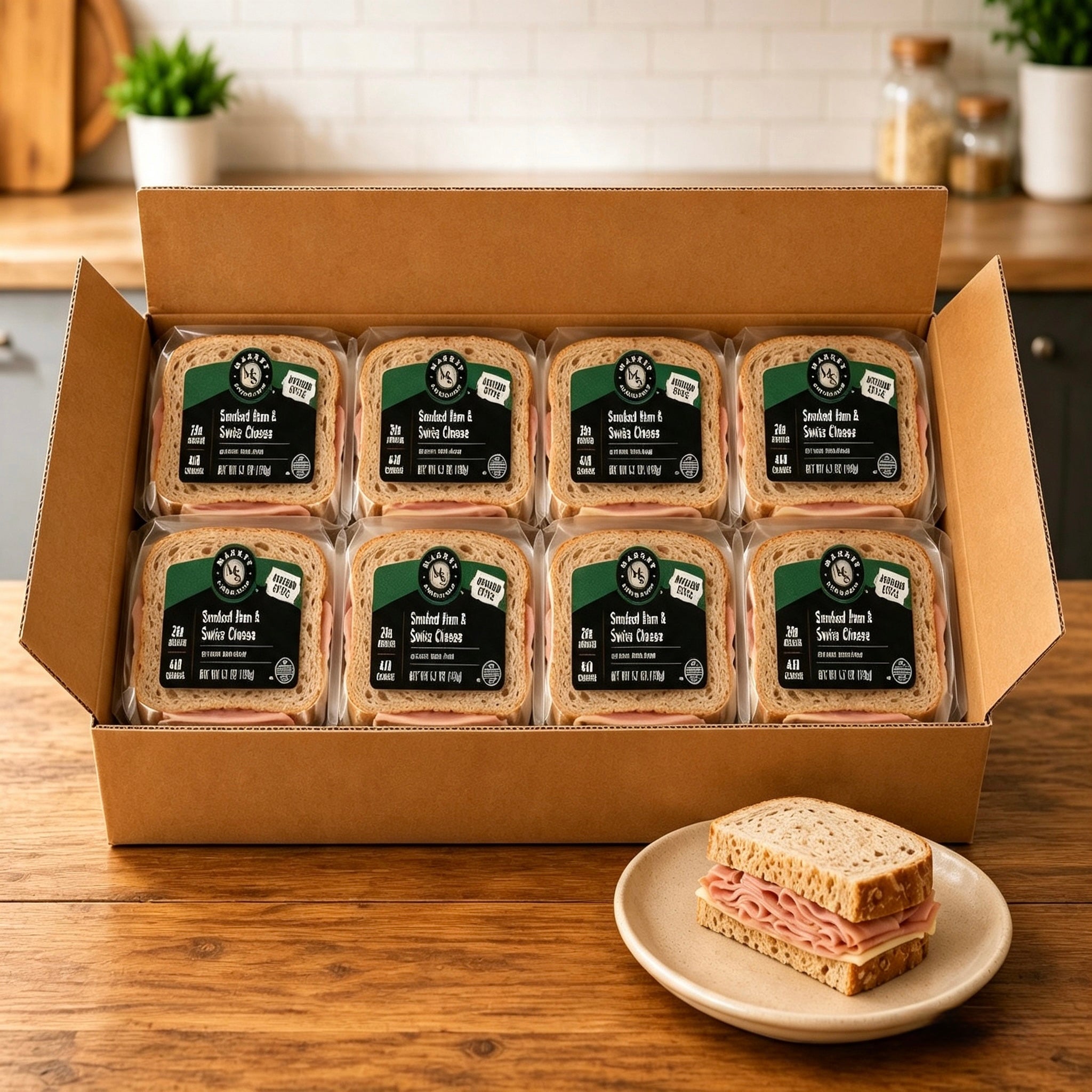 Ham & Swiss sandwich on rustic oat-topped wheat bread, 1 Case, 8 Count-Ships Frozen And Once Out of the Freezer 30 Days Shelf Life in the Cooler!!