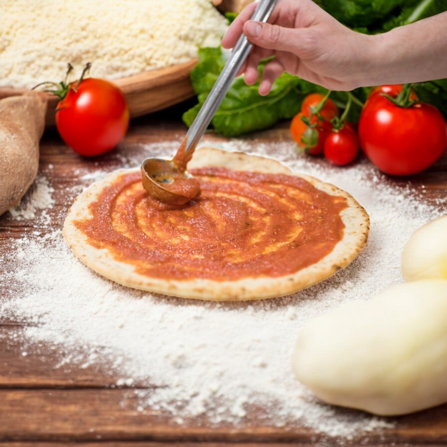 A hand uses a spoon to spread tomato sauce on Rich's Cauliflower Gluten-Free Pizza Crust. Surrounding ingredients include tomatoes, cheese, and lettuce on a floured wooden surface—ideal for crafting a low-carb delight.