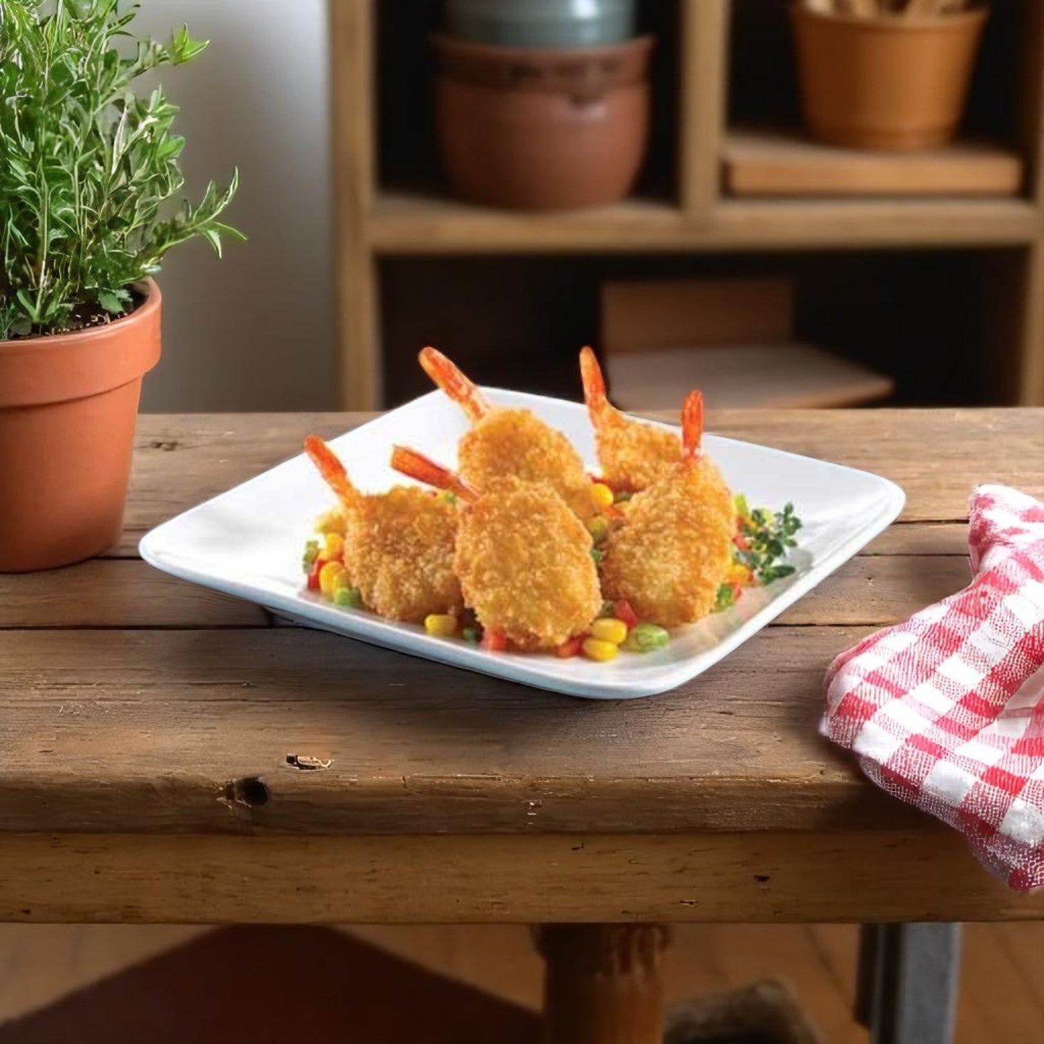 Mrs. Friday’s® Breaded Calamari Rings are served on a square white dish with mixed vegetables, placed on a rustic wooden table near a potted plant and red checkered cloth—a delicious frozen seafood option in 4 packs of 2.5 lbs each.