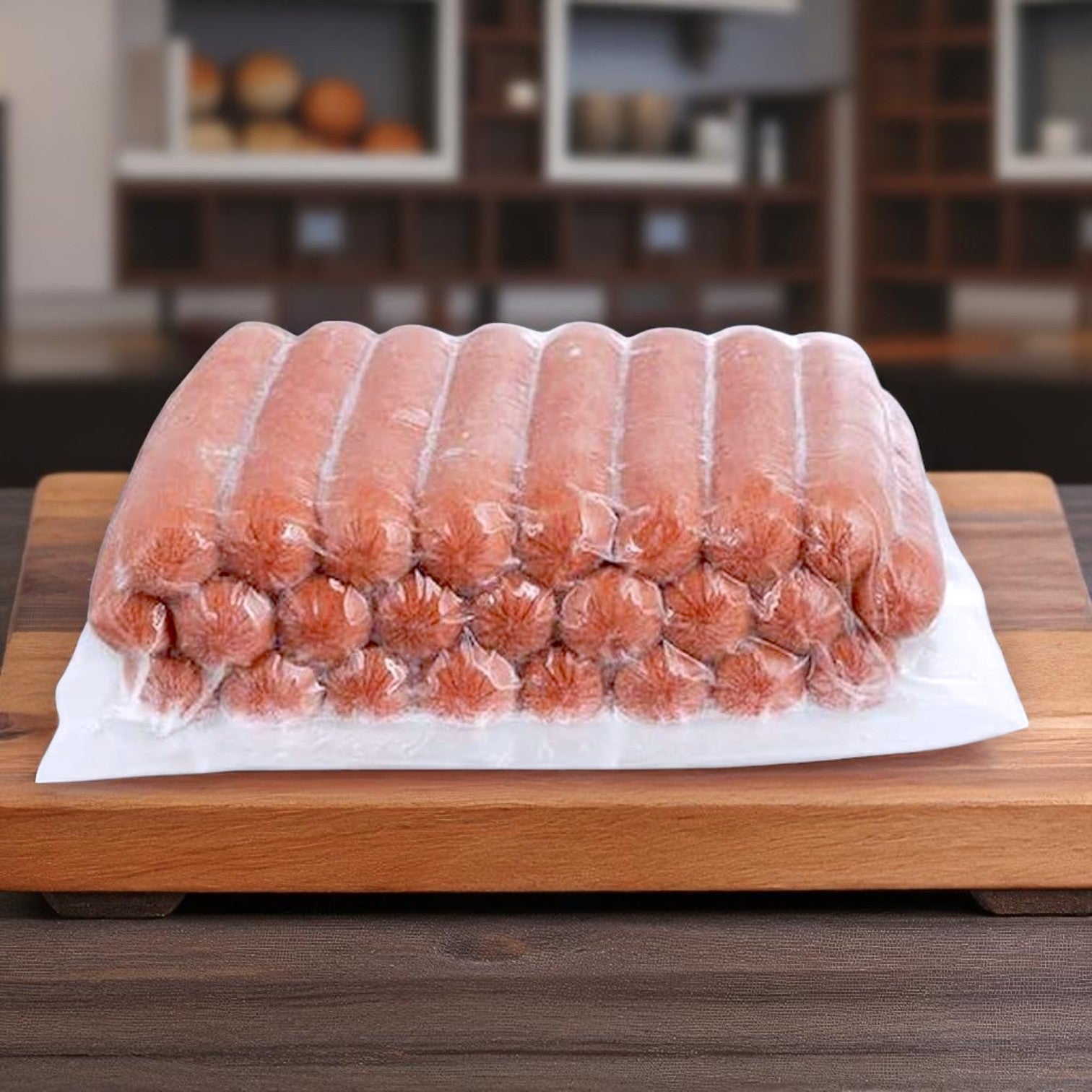 Nathan's Famous All-Beef Frankfurters & Alpha Baking Hot Dog Buns – 80 Count Bundle is displayed on a wooden cutting board in a kitchen, offering the perfect pairing for your next hot dog meal.