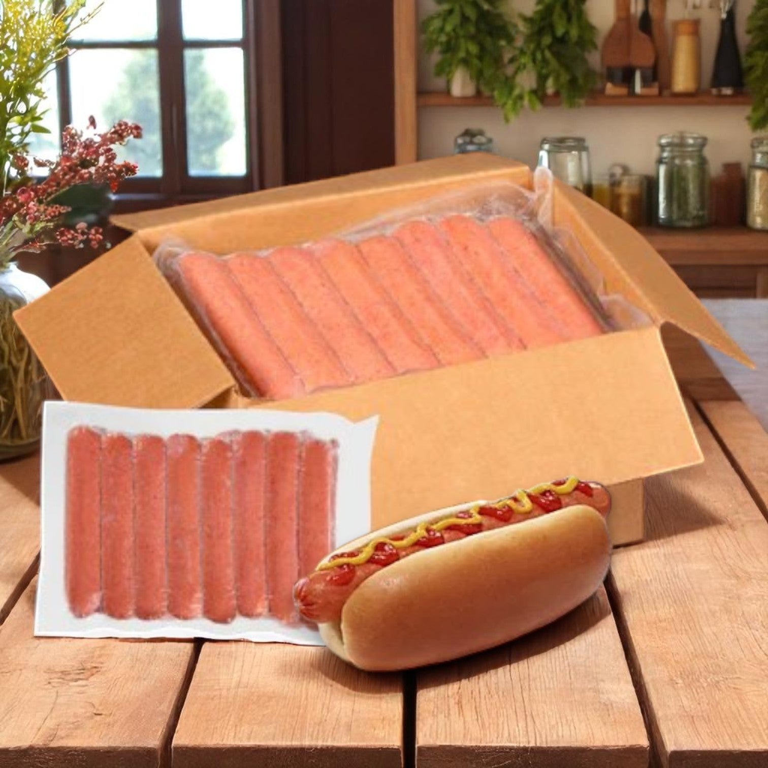 A case of 50 Nathan’s Famous Polish Sausage sits on the kitchen table, with one hot dog in a bun topped with ketchup and mustard in front, showcasing the bold flavor of Nathan's Famous.