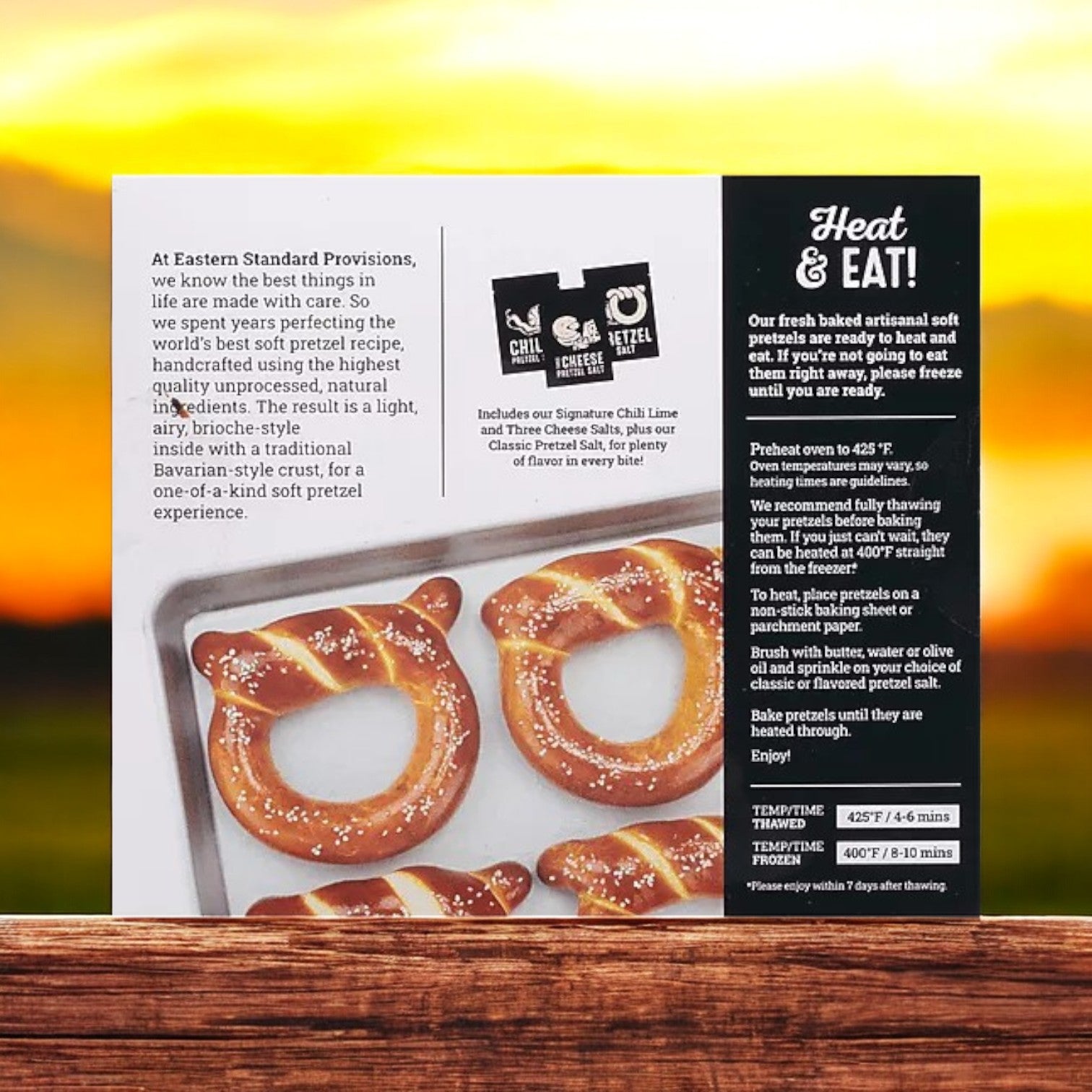 A package of Easy Lunches Eastern Standard Provisions Signature Soft Artisanal Handcrafted Pretzels (2 ea, 3 packs) displays pretzels on a tray, with heating instructions and product info printed on the box.