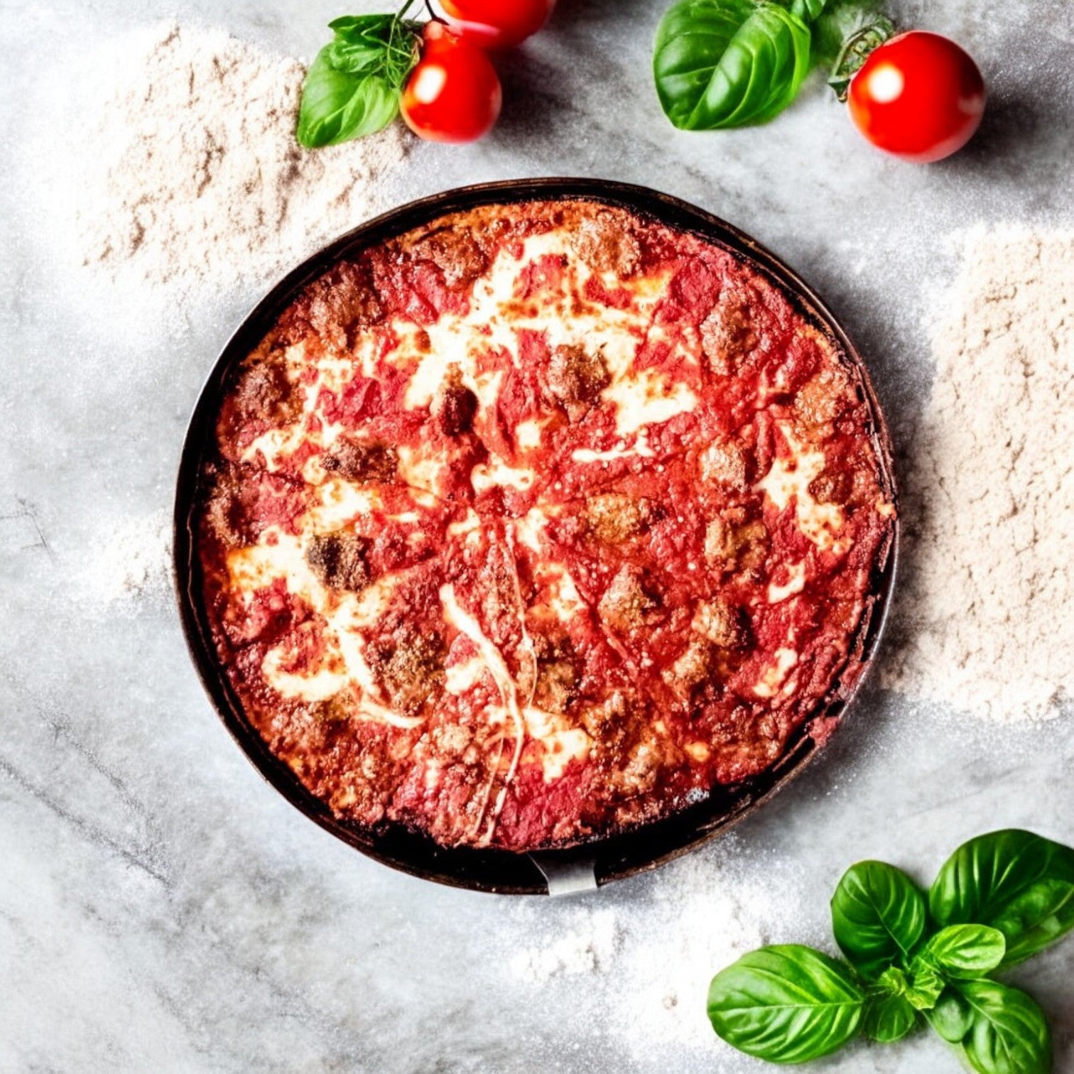 Pequod Pizza’s Sausage Deep Dish 2" tall pizza sits in a pan on marble, surrounded by basil leaves, tomatoes, and flour.