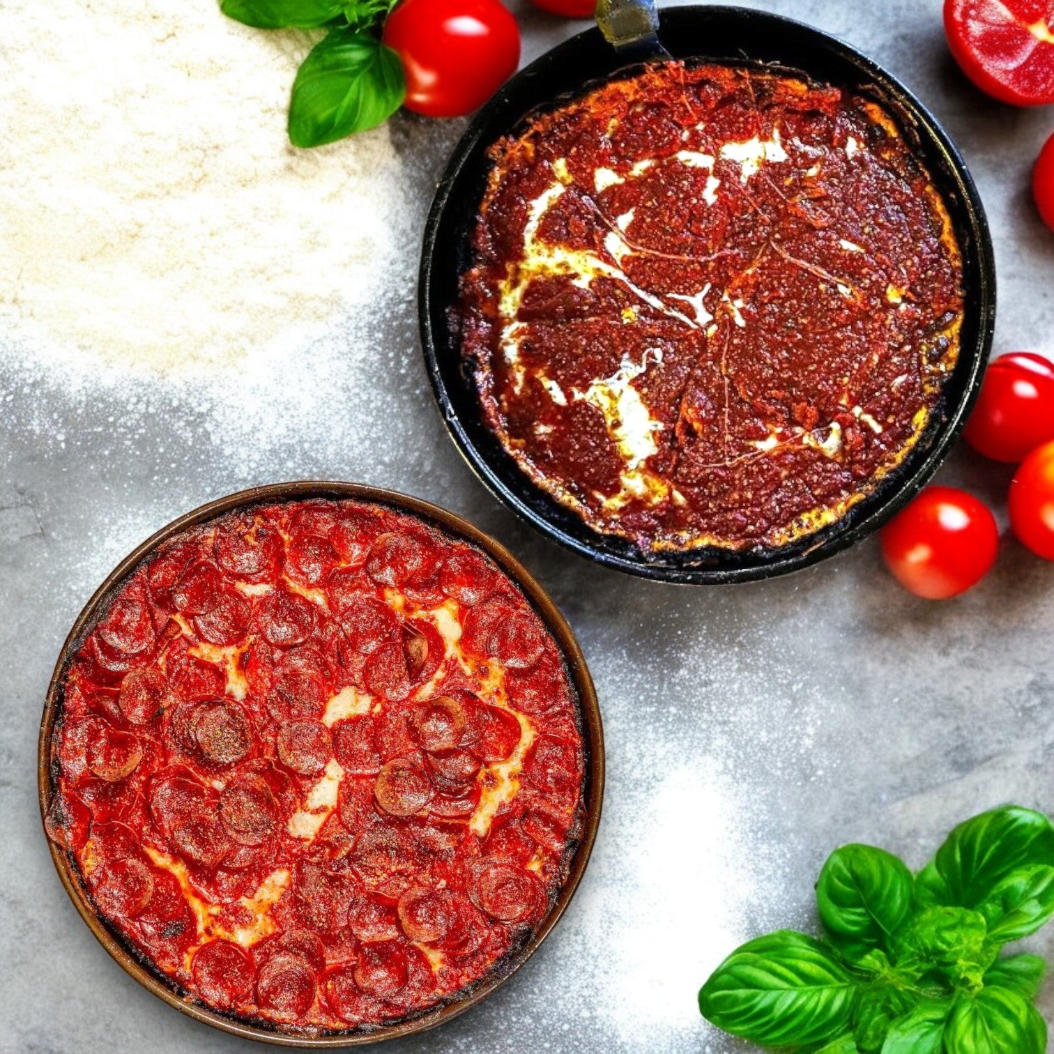 Two Pequod Pizza's Chicago-style deep-dish pizzas sit on a gray surface: one pepperoni and the other with rich tomato sauce, surrounded by flour, tomatoes, and basil. Their caramelized crusts hint at an indulgent flavor experience. Enjoy the Pequods Deep Dish Pizza 2-Pack Combo: Cheese & Pepperoni!.