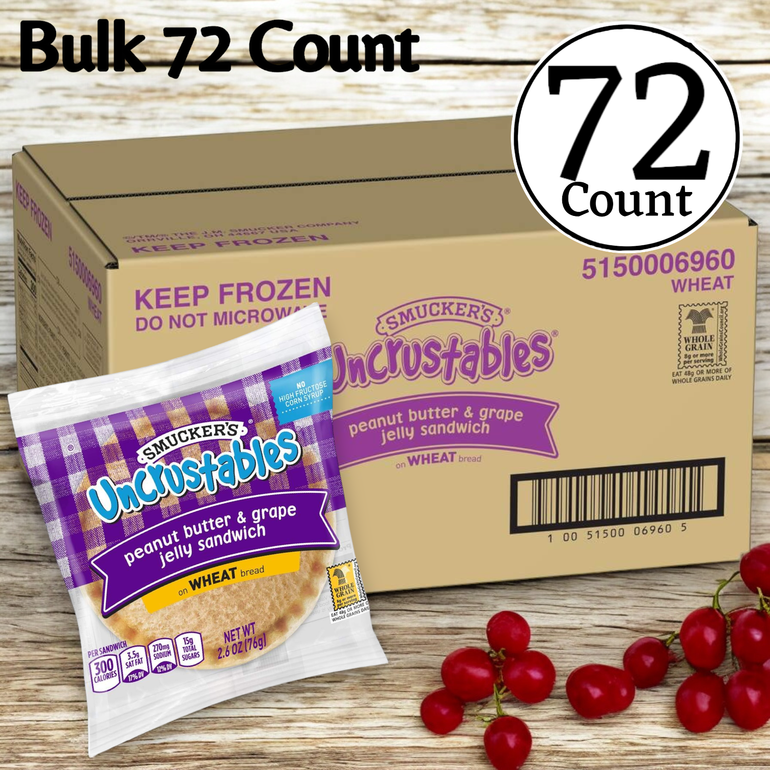 Box of Uncrustables Smuckers, showcasing creamy peanut butter and sweet grape jam sandwiches, bulk 72 count per case, with a sandwich and grapes prominently displayed in front.