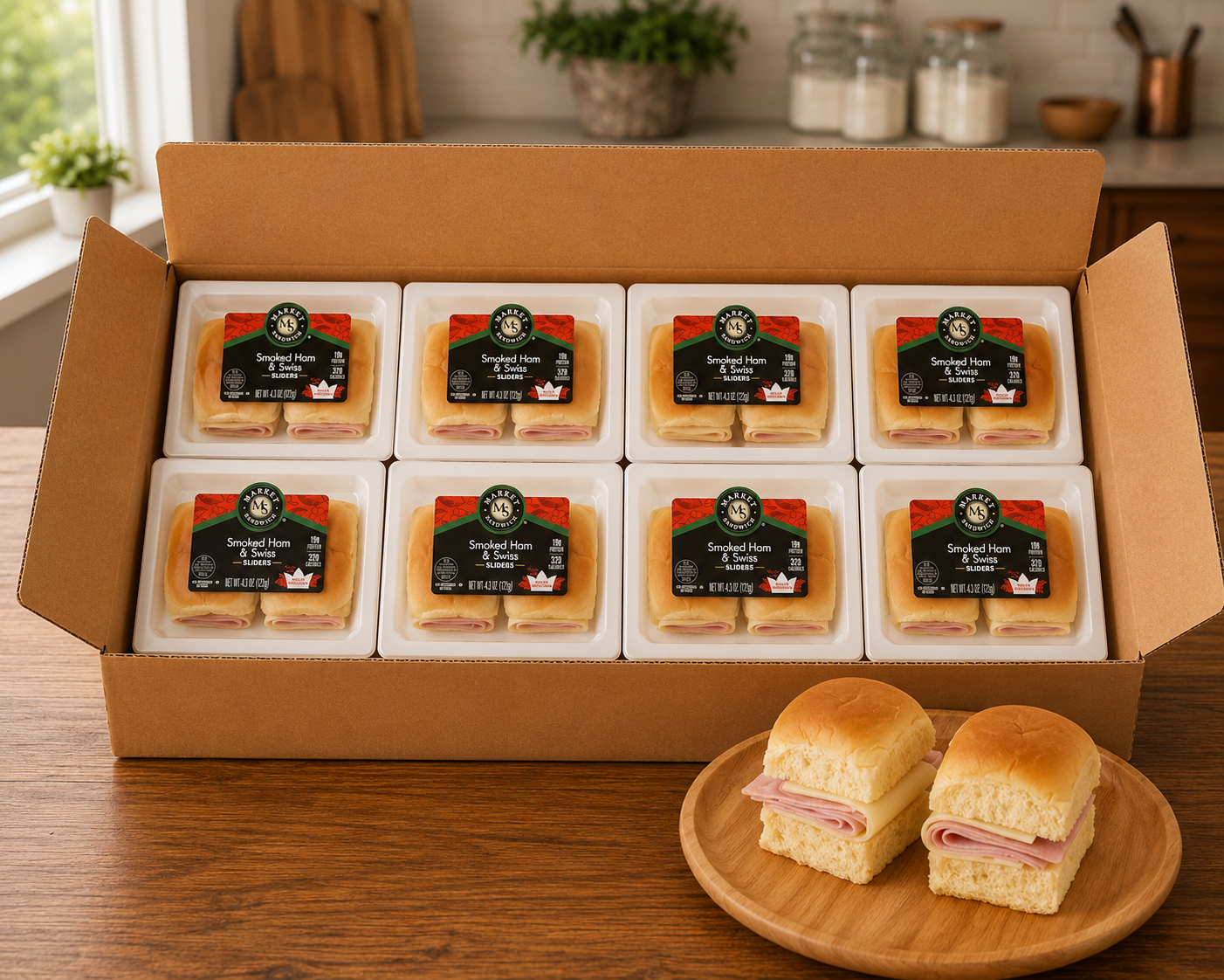 Smoked Ham & Swiss Sliders – 4.3 oz Each, 8 Sliders per Case