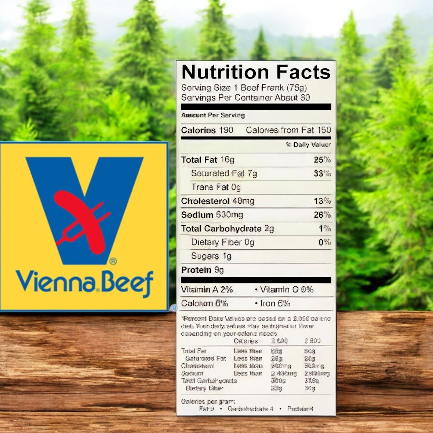 Vienna Beef Natural Casing Hot Dogs – 6" (6 per lb., 60 total) nutrition label on wood, with the Vienna Beef logo and blurred green trees behind. Great for fans of classic natural casing or bulk hot dogs.