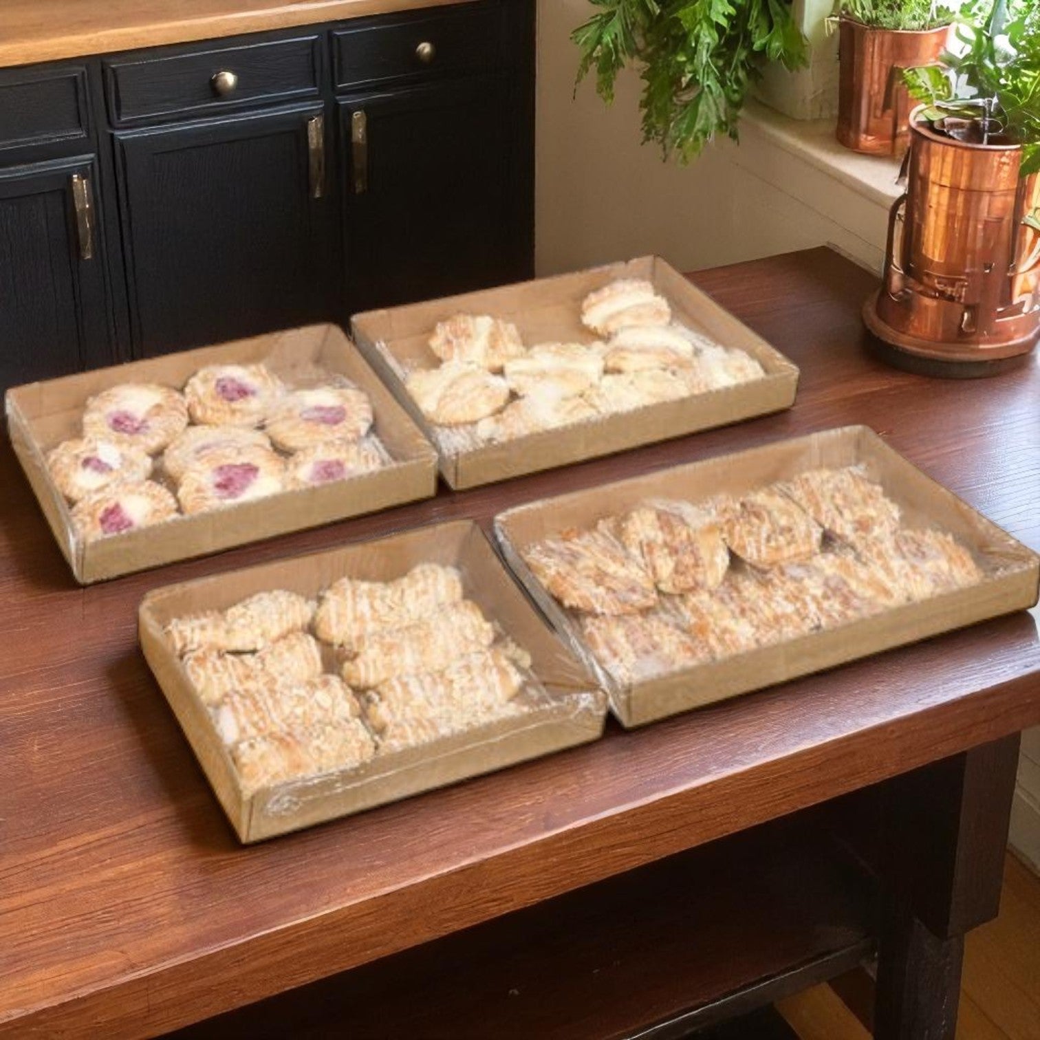 Six trays of Chef Pierre Danish Assorted Elite (8 per tray, 48 total) are arranged on a wooden kitchen table, with plastic wrap covering them and plants plus a copper kettle by the window.