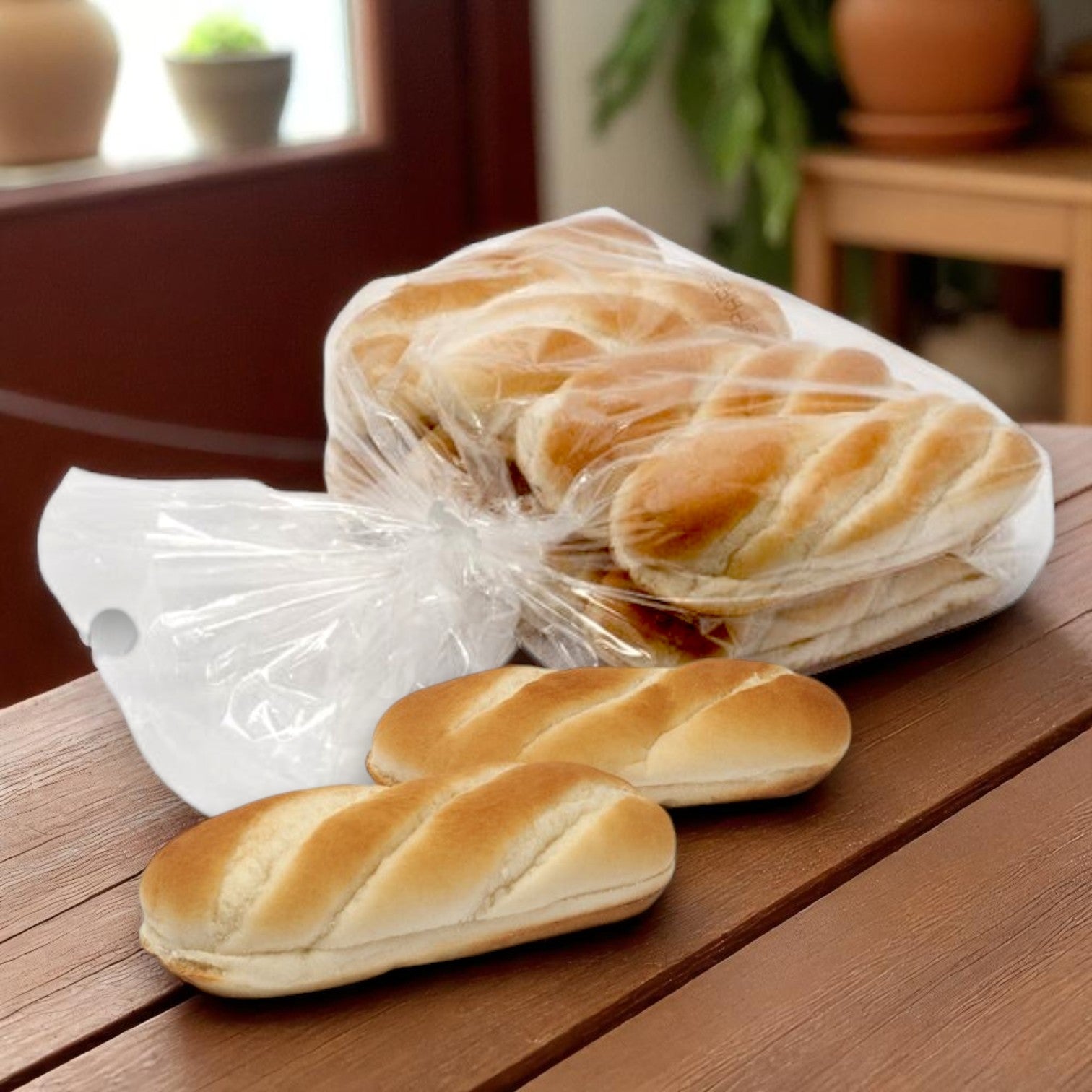 A clear plastic bag of Lender's Bagel Classic Brat & Sausage Hinged Buns (8 packs, 64 total buns) sits on a wooden table, with two buns in front. Potted plants can be seen in the background.