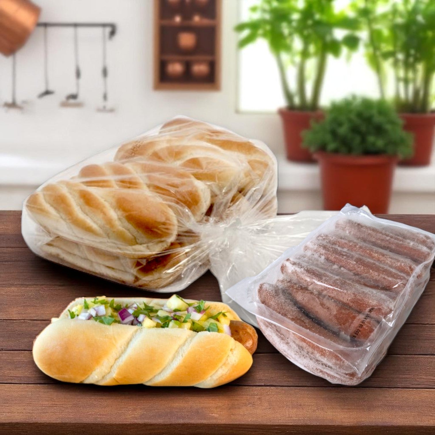A bundle of Easy Lunches Eisenberg Polish All-Beef Sausage & Bun Kit (50 count) and a prepared hot dog with chopped onions and herbs sit on a wooden table, with plants visible in the background.