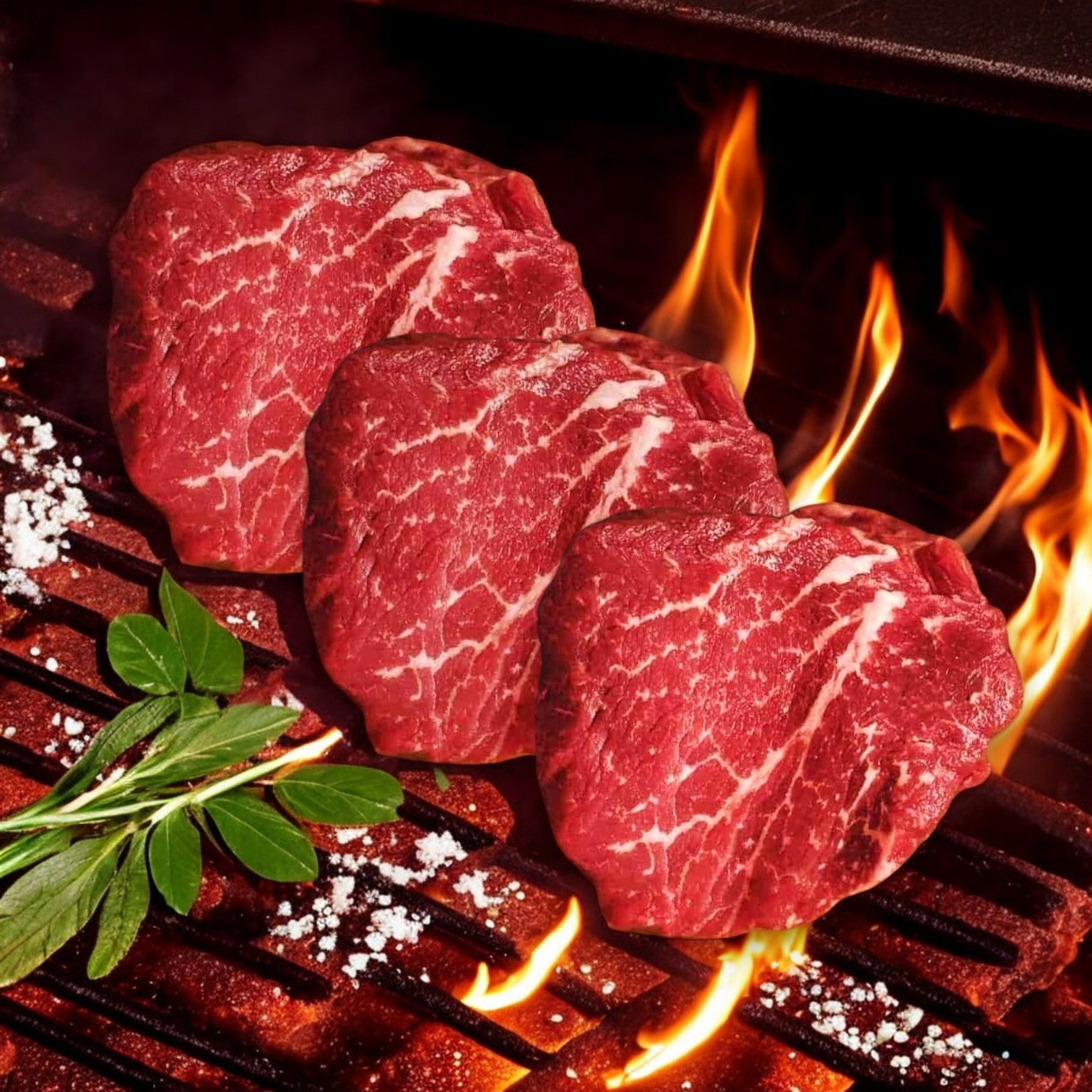Three Mino Prime Steaks β One 6oz Filet-3 Count from Mino Prime Steaks sizzle on the grill with flames dancing below, garnished with salt and green herbs.