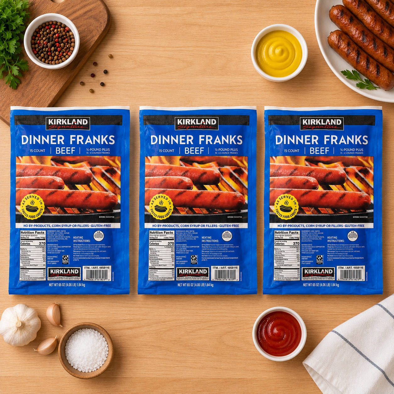 Kirkland Signature Beef Dinner Franks – 4.3 oz each, 15 Franks per Pack, 3 Packs per Case
