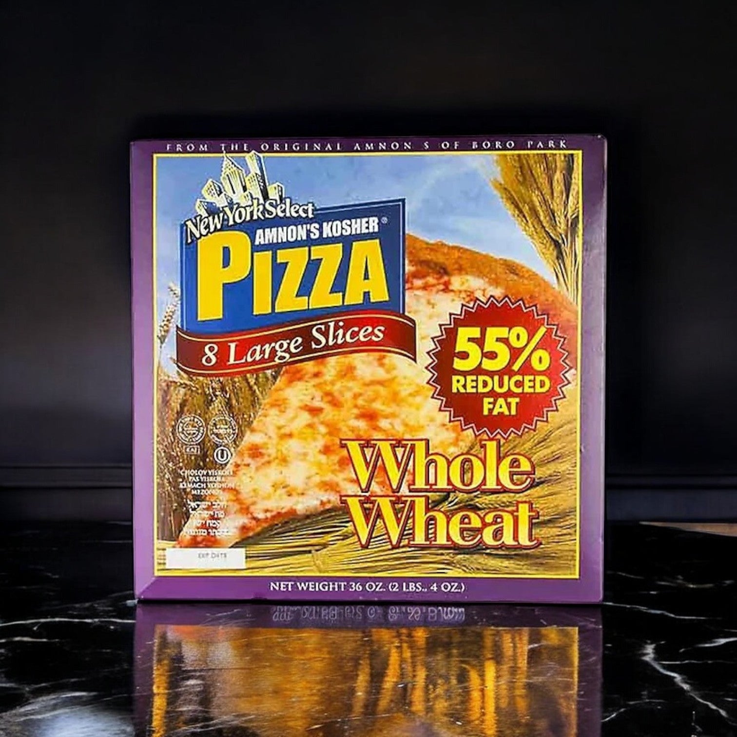 Savor the Amnon's Kosher Pizza 3 Pack Bundle, featuring three whole wheat pizzas with premium mozzarella. Each pizza contains 8 large slices and boasts 55% reduced fat.