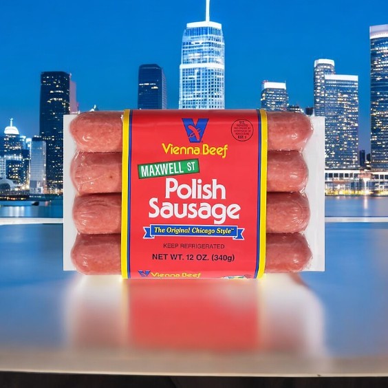 A 12 oz Vienna Beef Polish Sausage is showcased against a city skyline at night, smoked to perfection.