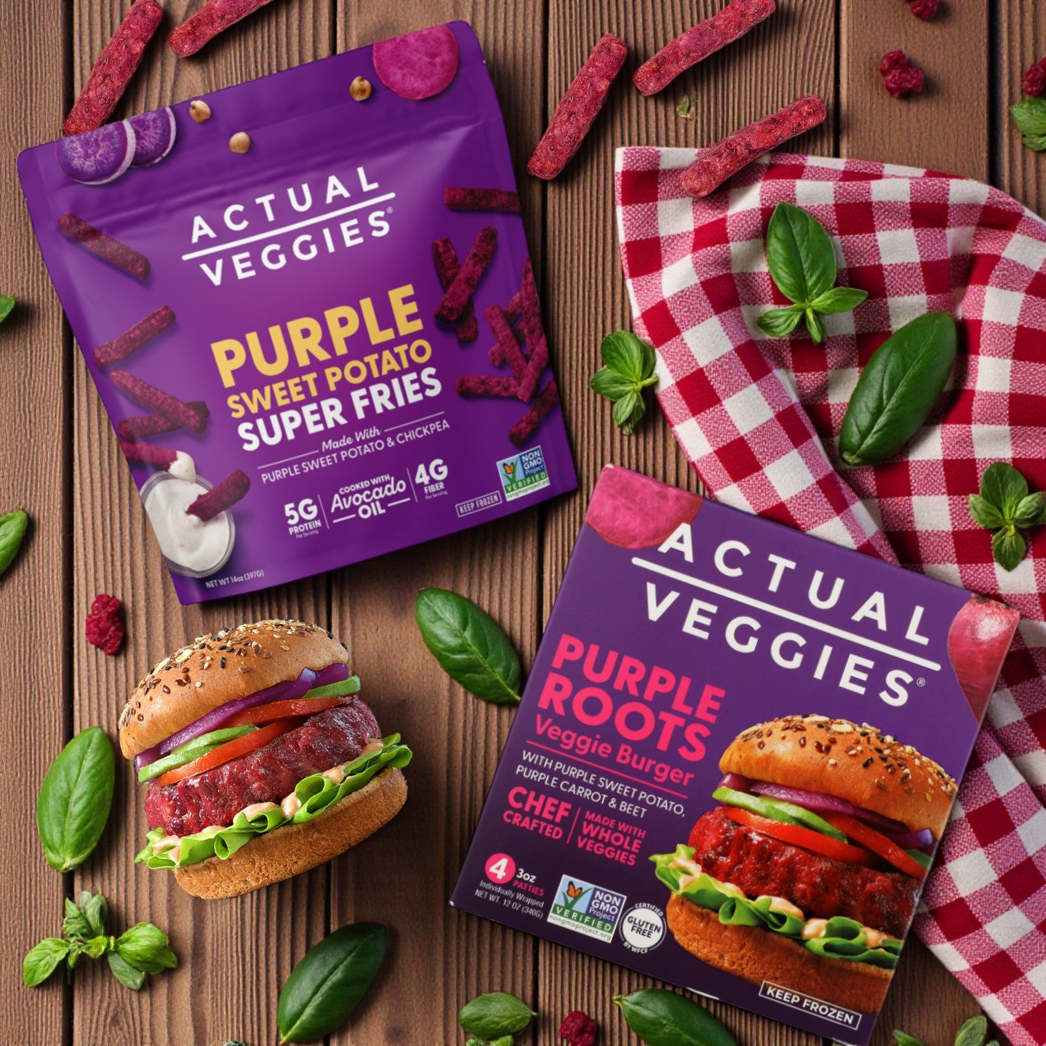 Actual Veggies Purple Sweet Potato Super Fries (14 oz) + Purple Roots Veggie Burgers (4 ct, 3 oz Each)