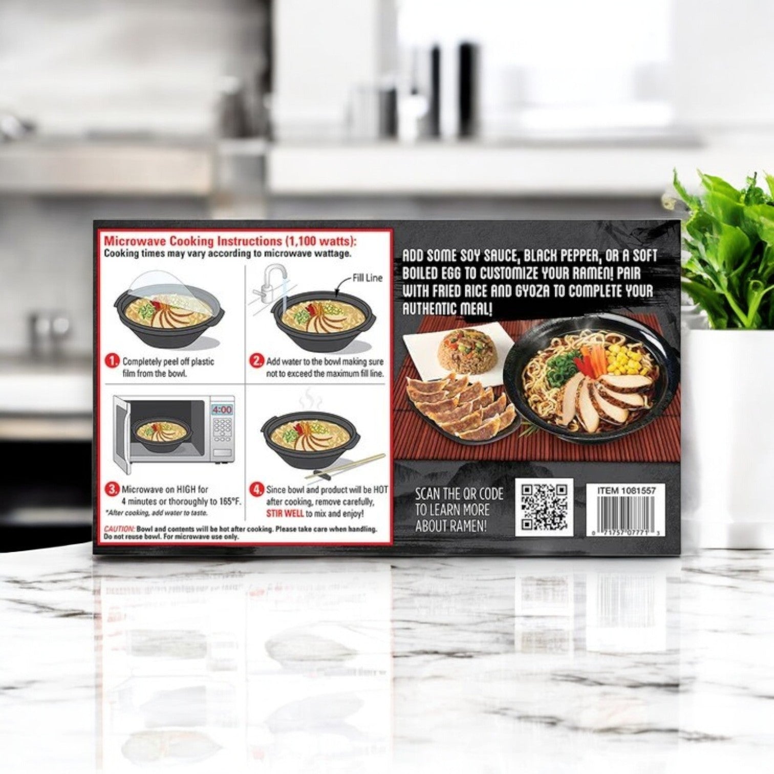 A box of Ajinomoto Shoyu Ramen with Chicken, 56.7 oz, sits on the counter showing microwave instructions and a serving suggestion, promising authentic Japanese-style ramen and rich umami flavor from Ajinomoto.