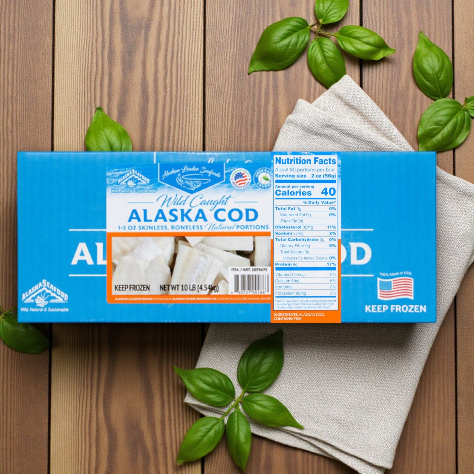 Alaskan Leader Seafood Alaska Cod, Wild Caught, Boneless & Skinless, 10 lbs